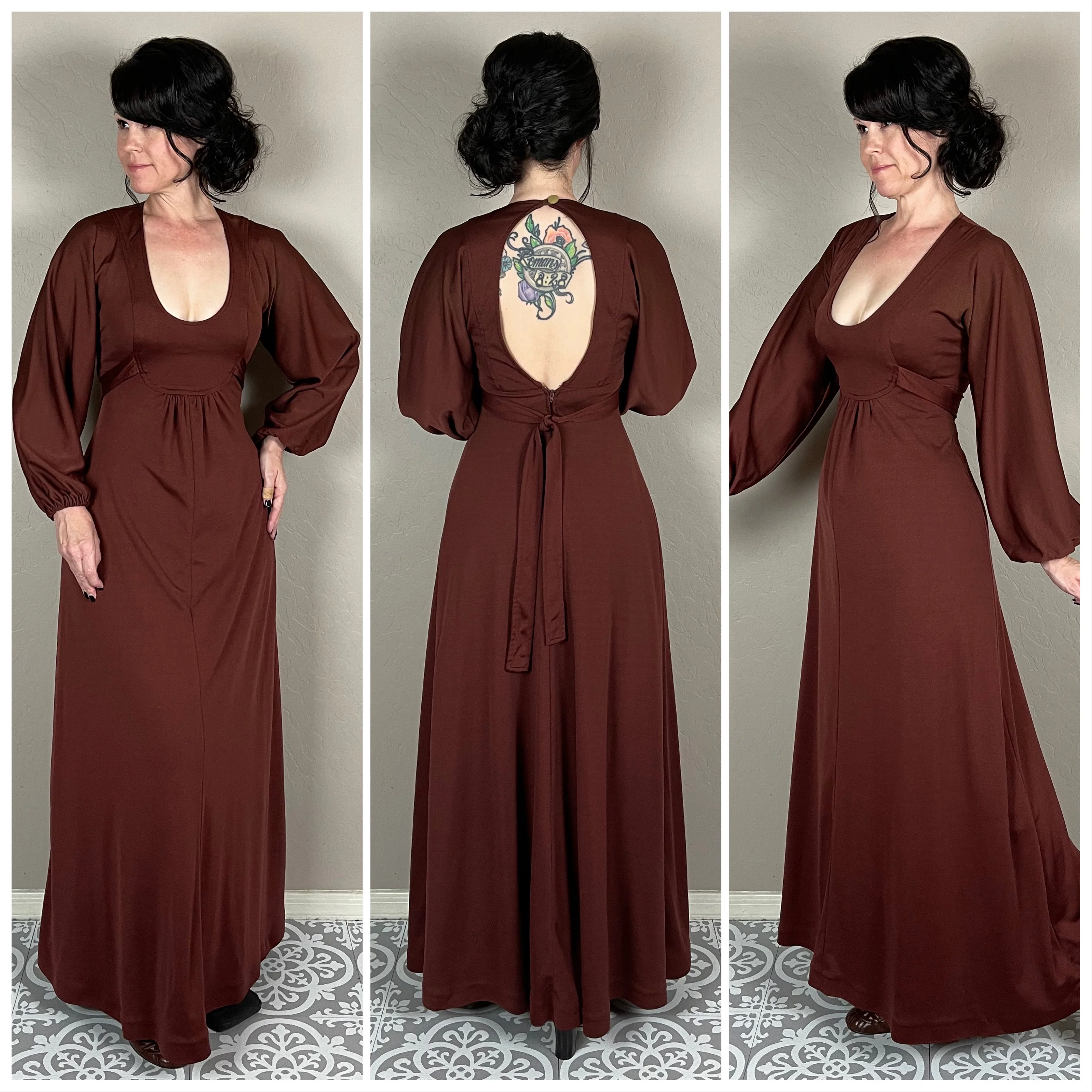 70s Chestnut Brown Puff Sleeve Open Back Maxi Dress by Phase II - Image 3