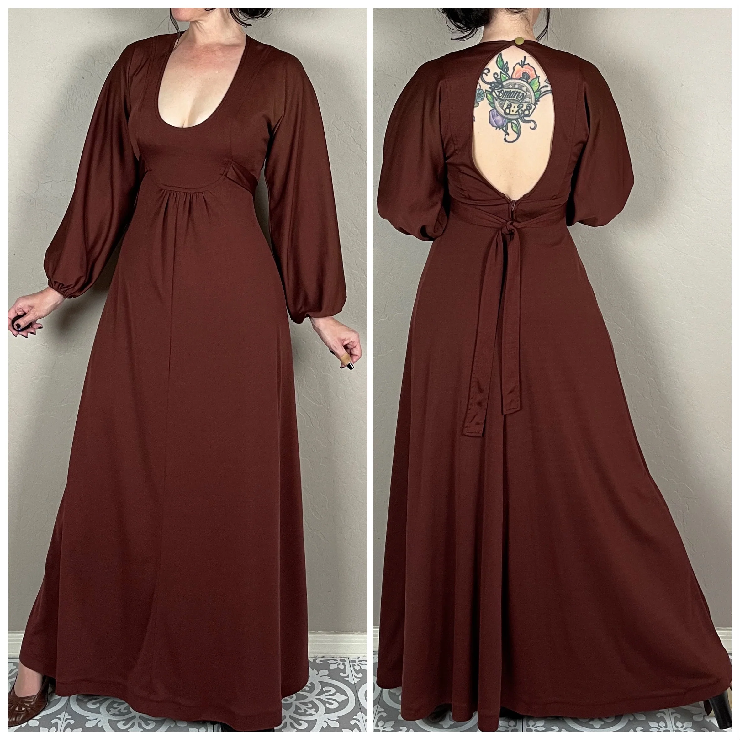 70s Chestnut Brown Puff Sleeve Open Back Maxi Dress by Phase II - Image 4