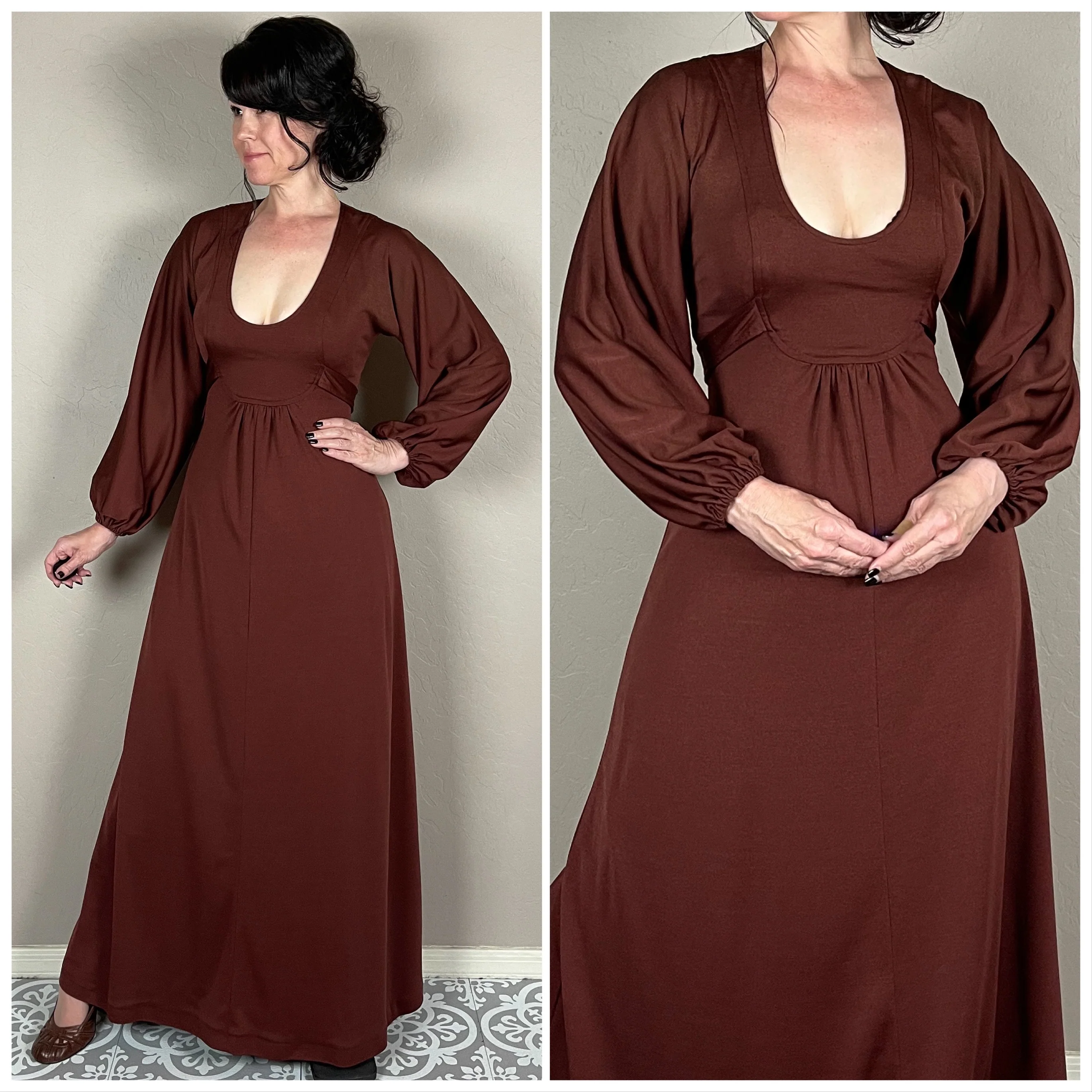 70s Chestnut Brown Puff Sleeve Open Back Maxi Dress by Phase II - Image 5