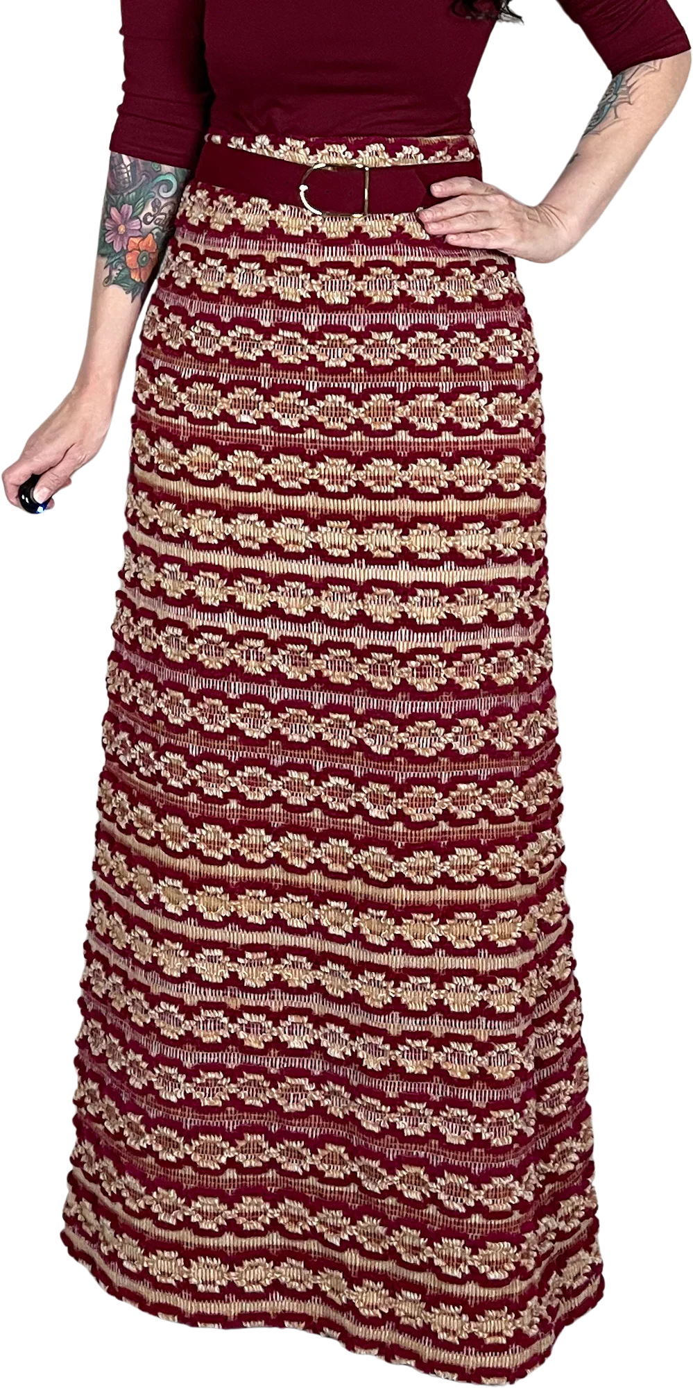 70s Chunky Knit High Waist Burgundy Belted Maxi Skirt By Adelaar