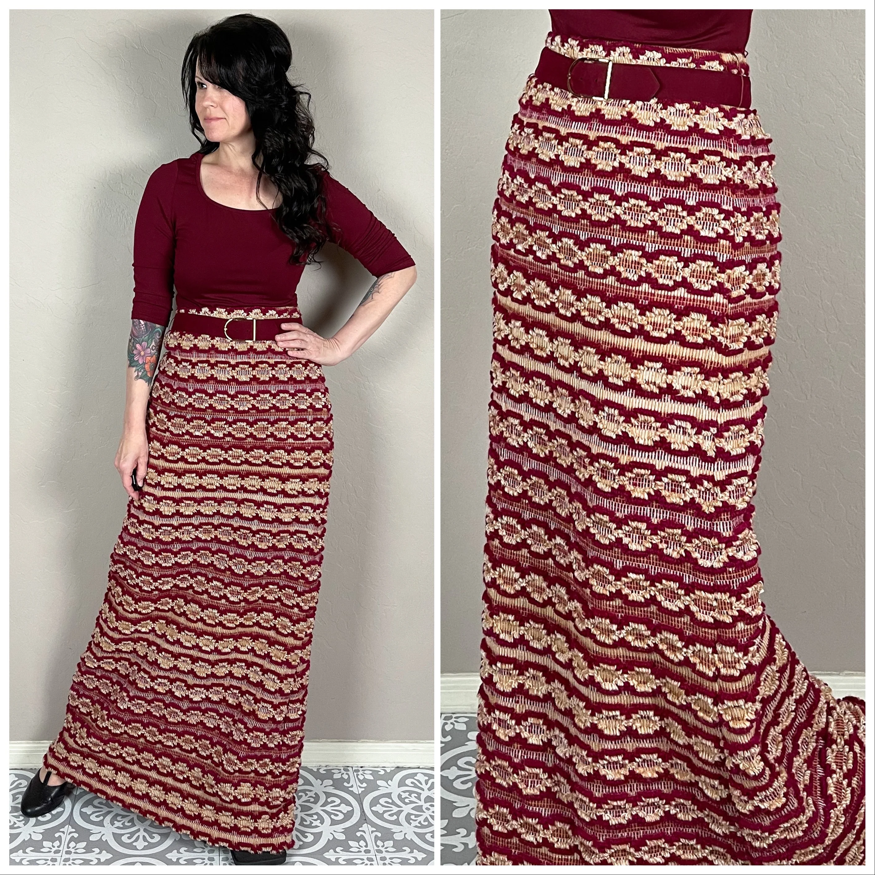 70s Chunky Knit High Waist Burgundy Belted Maxi Skirt By Adelaar - Image 2