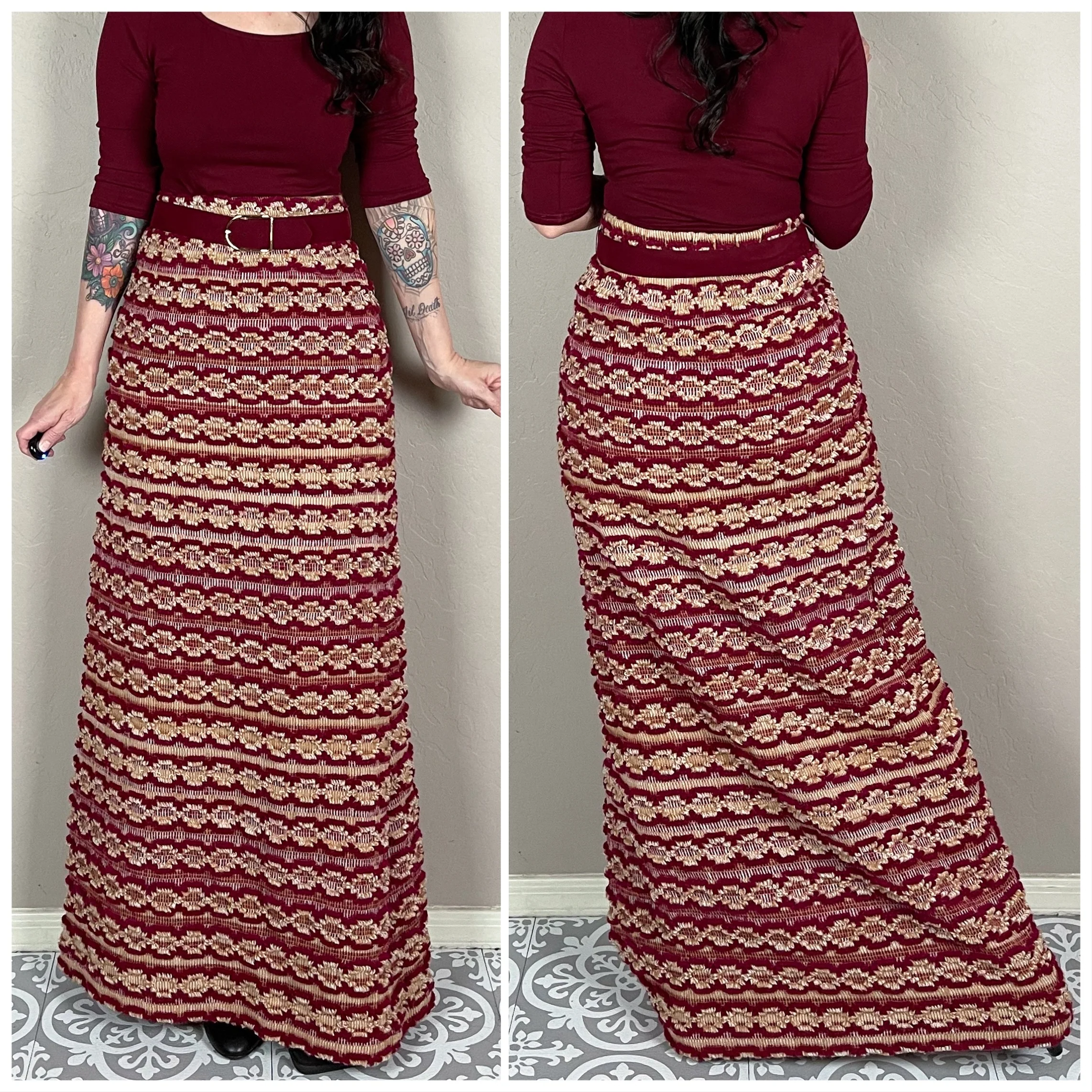 70s Chunky Knit High Waist Burgundy Belted Maxi Skirt By Adelaar - Image 4