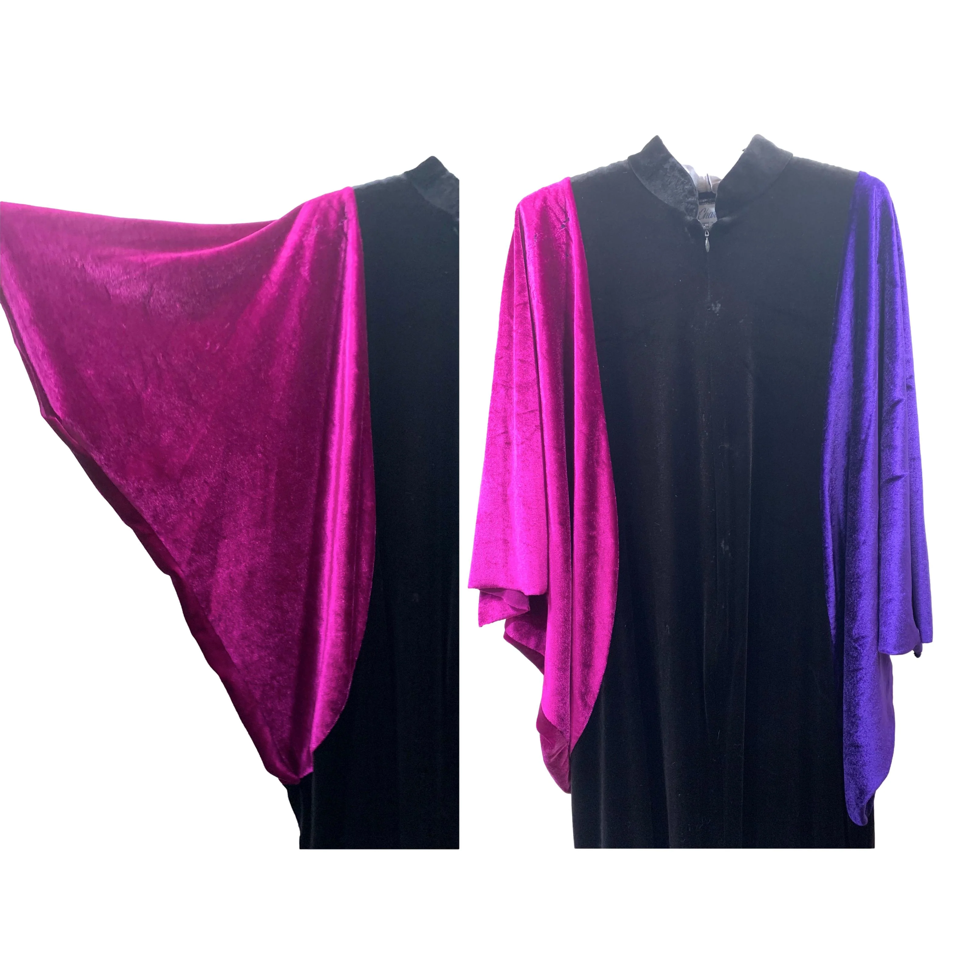 70s Colorblock Blk Pink Purple Velour Batwing Caftan By It's a Charm - Image 3
