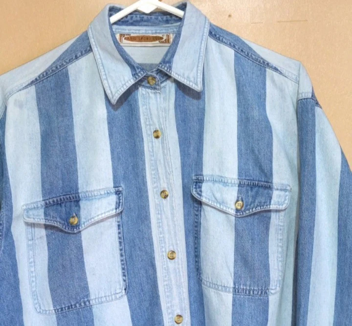 70s Cotton Two Tone Striped Blue Denim Shirt Unisexise By Paris Sports Club - Image 3