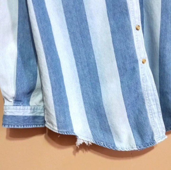 70s Cotton Two Tone Striped Blue Denim Shirt Unisexise By Paris Sports Club - Image 4