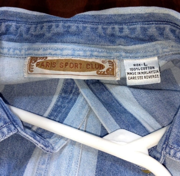 70s Cotton Two Tone Striped Blue Denim Shirt Unisexise By Paris Sports Club - Image 5