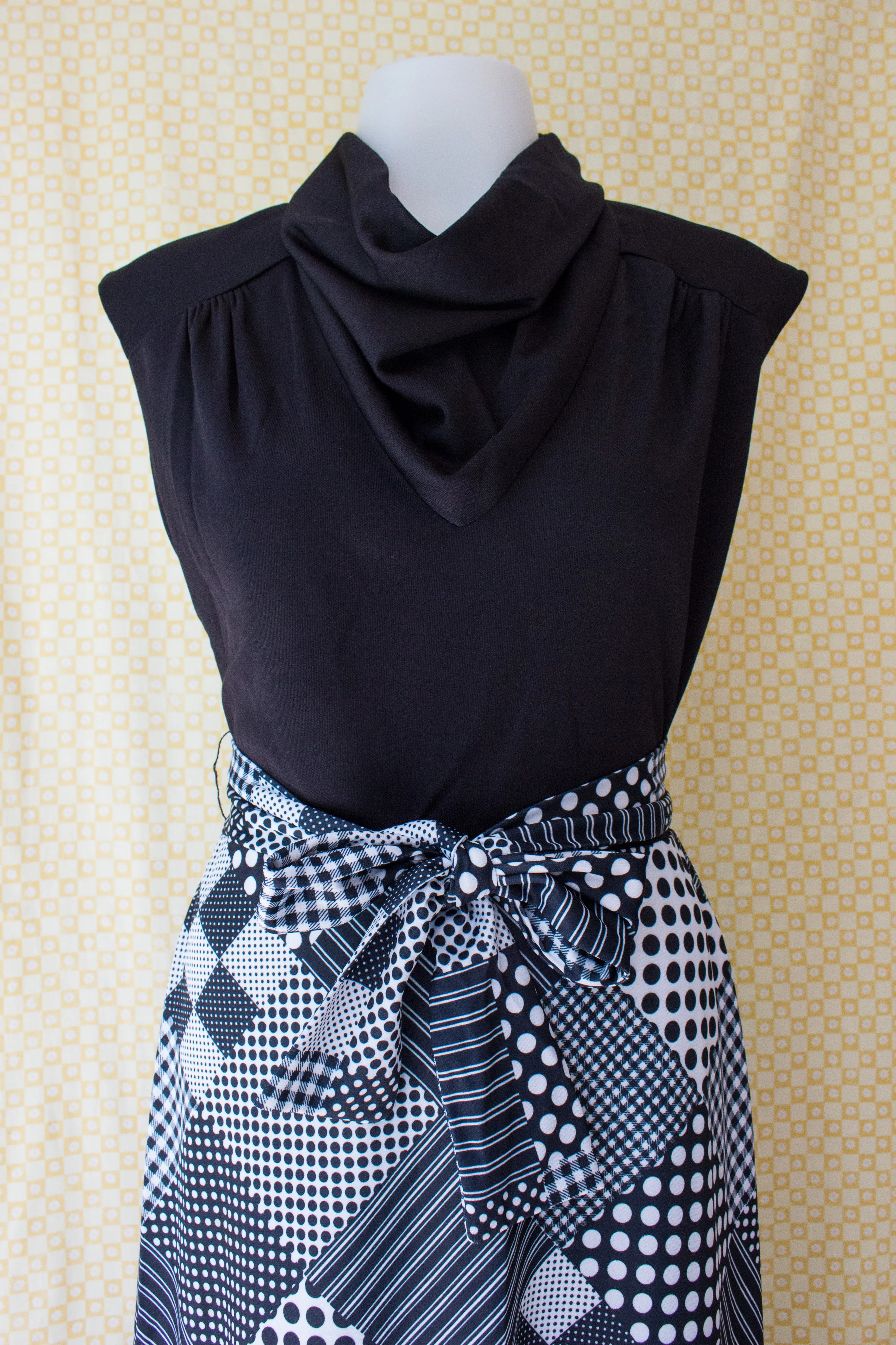 70s Cowl Neck Dress With Polka Dotted Patchwork Skirt By Strait Lane - Image 4