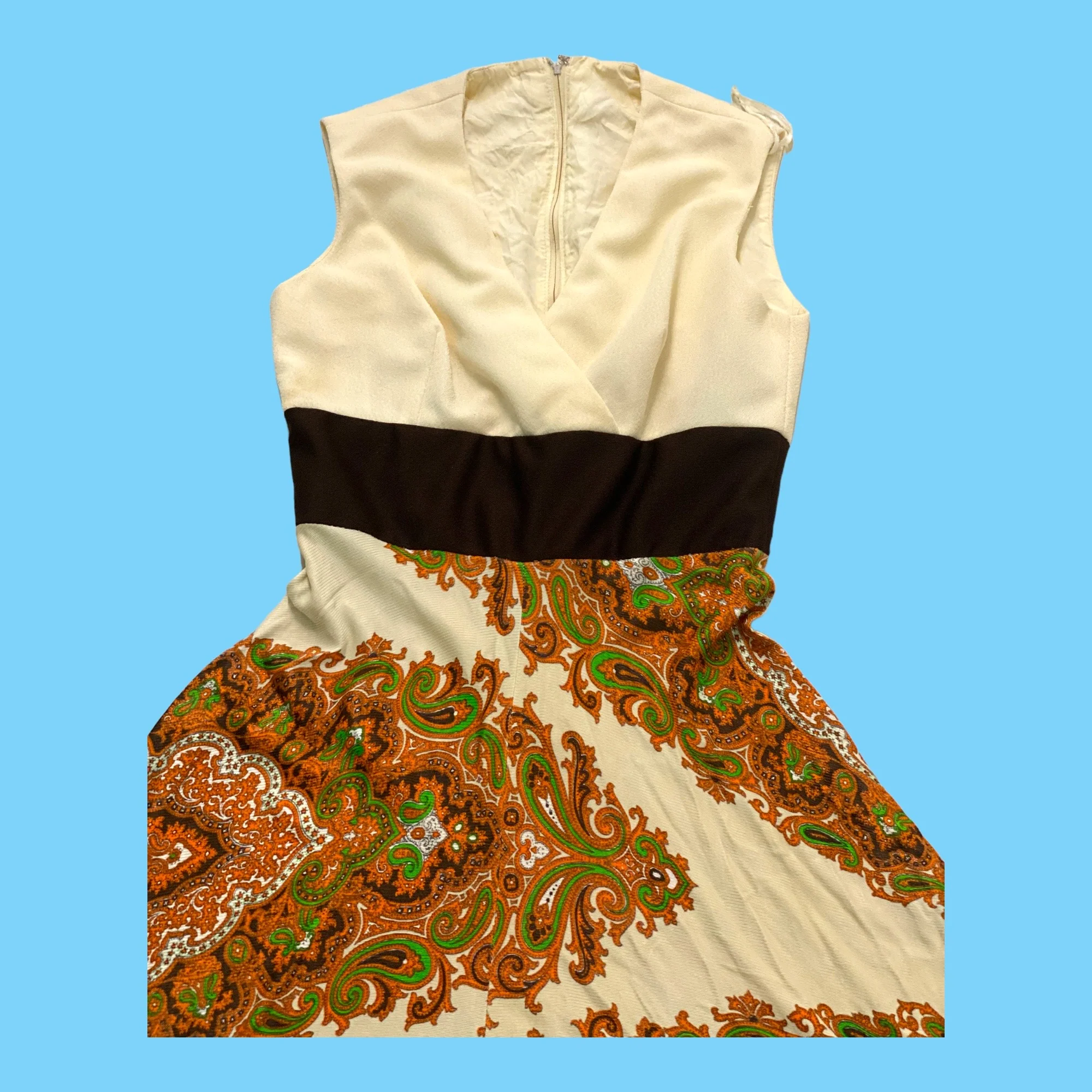 70s Cream Brown Paisely Pattern Wide Leg Trouser Suit - Image 3