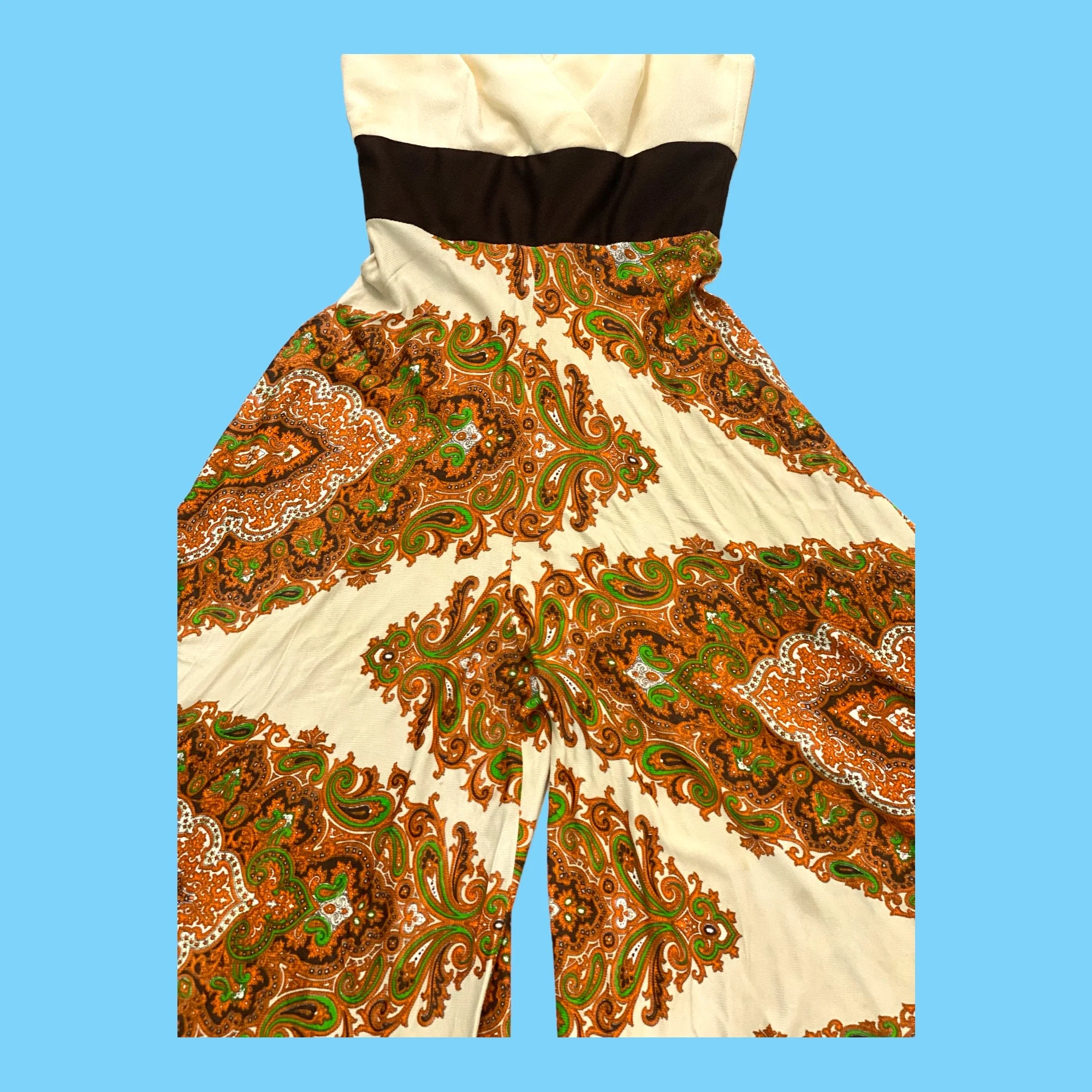 70s Cream Brown Paisely Pattern Wide Leg Trouser Suit - Image 4