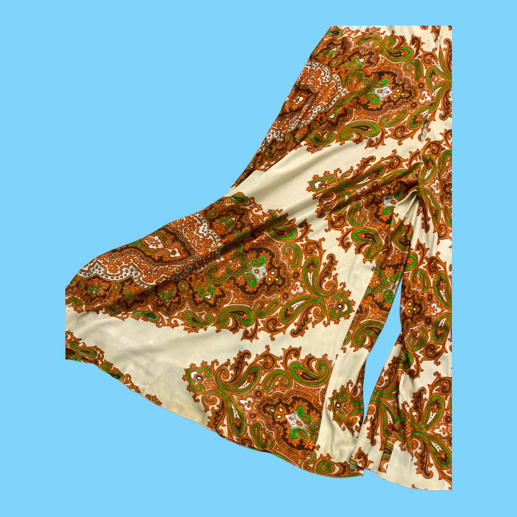 70s Cream Brown Paisely Pattern Wide Leg Trouser Suit - Image 9