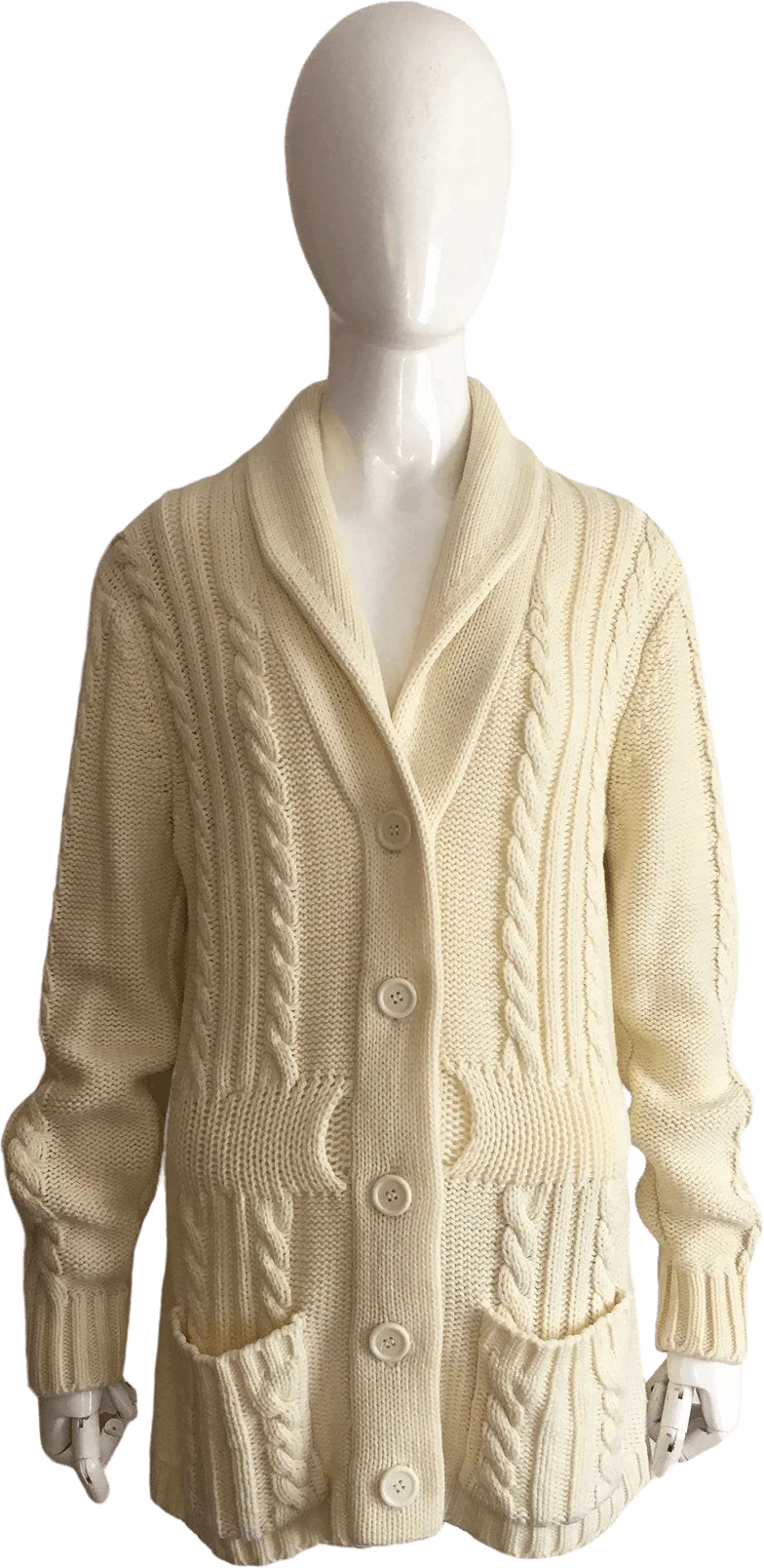 70's Cream Cable Knit Shawl Cardigan by K Mart