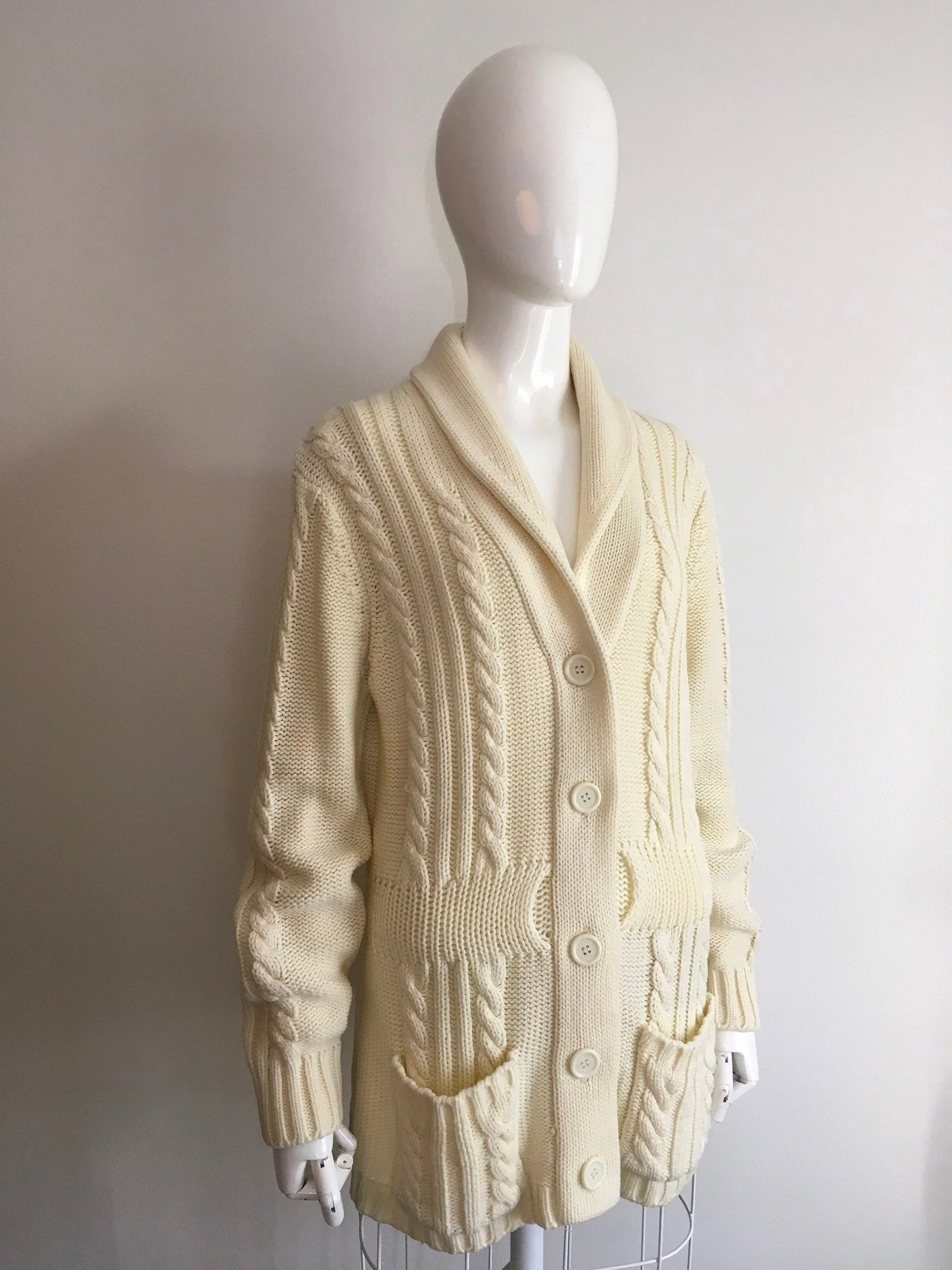 70's Cream Cable Knit Shawl Cardigan by K Mart - Image 4