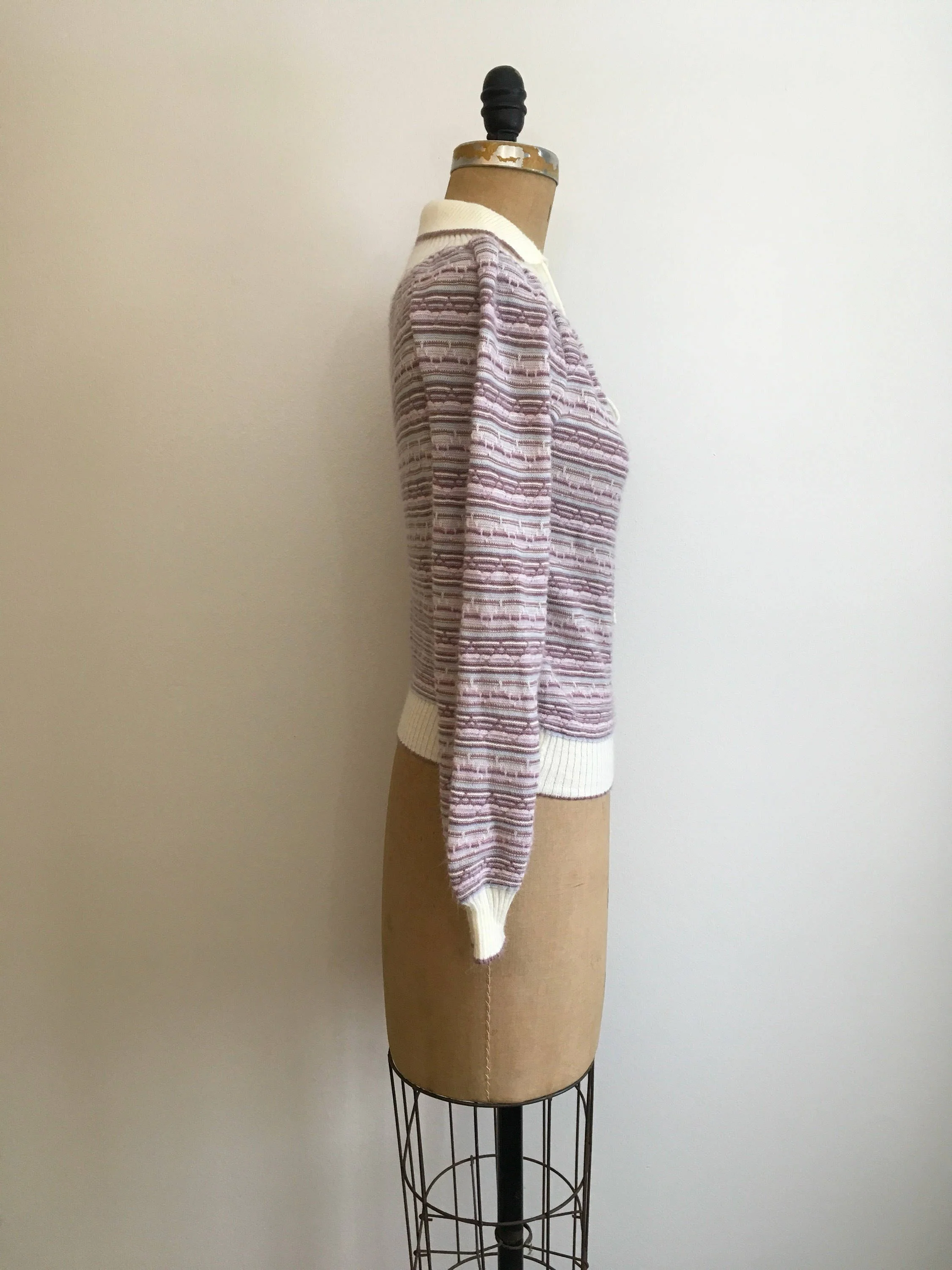 70's Cream Collared Purple Striped Pullover Sweater by Designations - Image 3