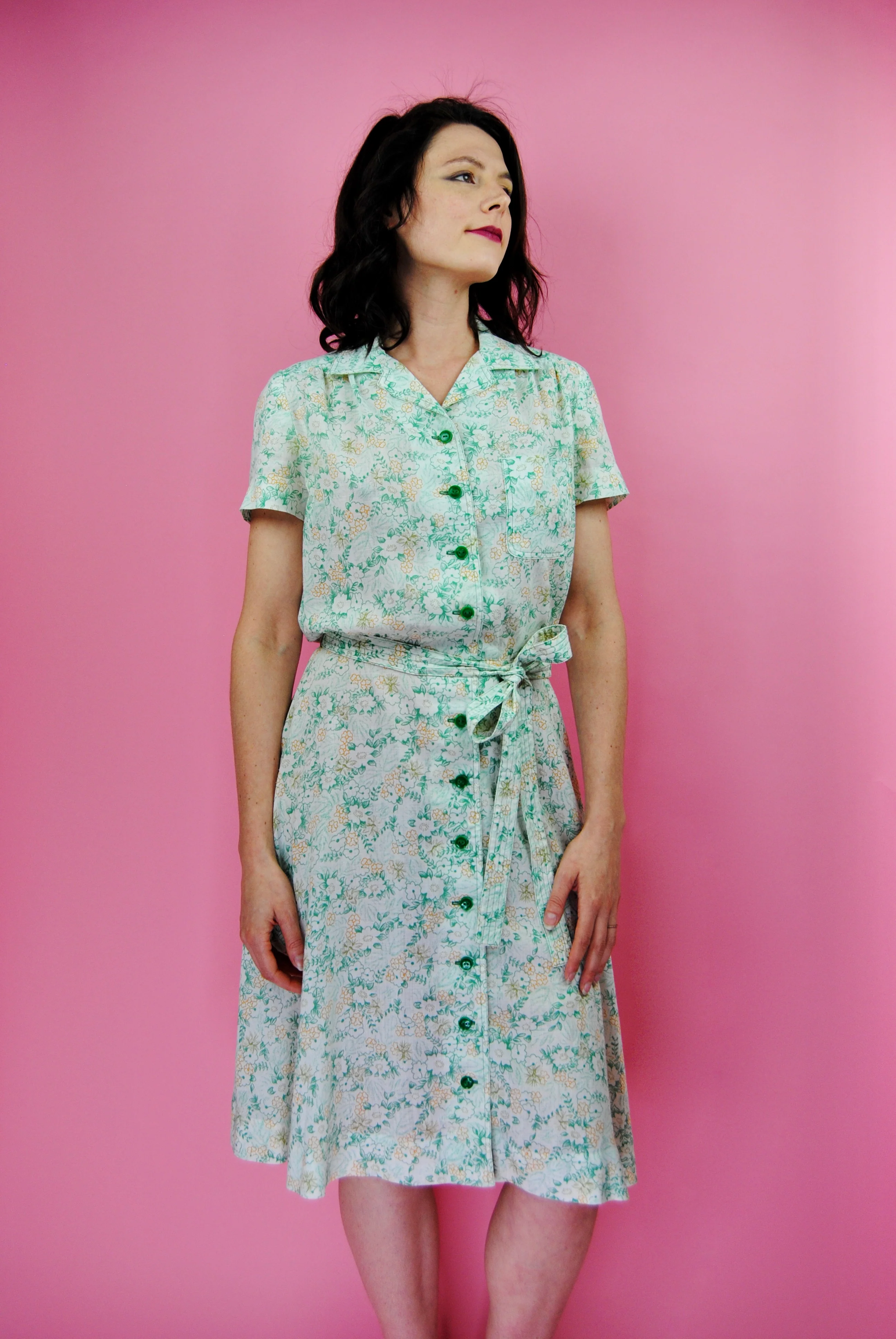 70s Cream Day Dress With Green Flowers - Image 3