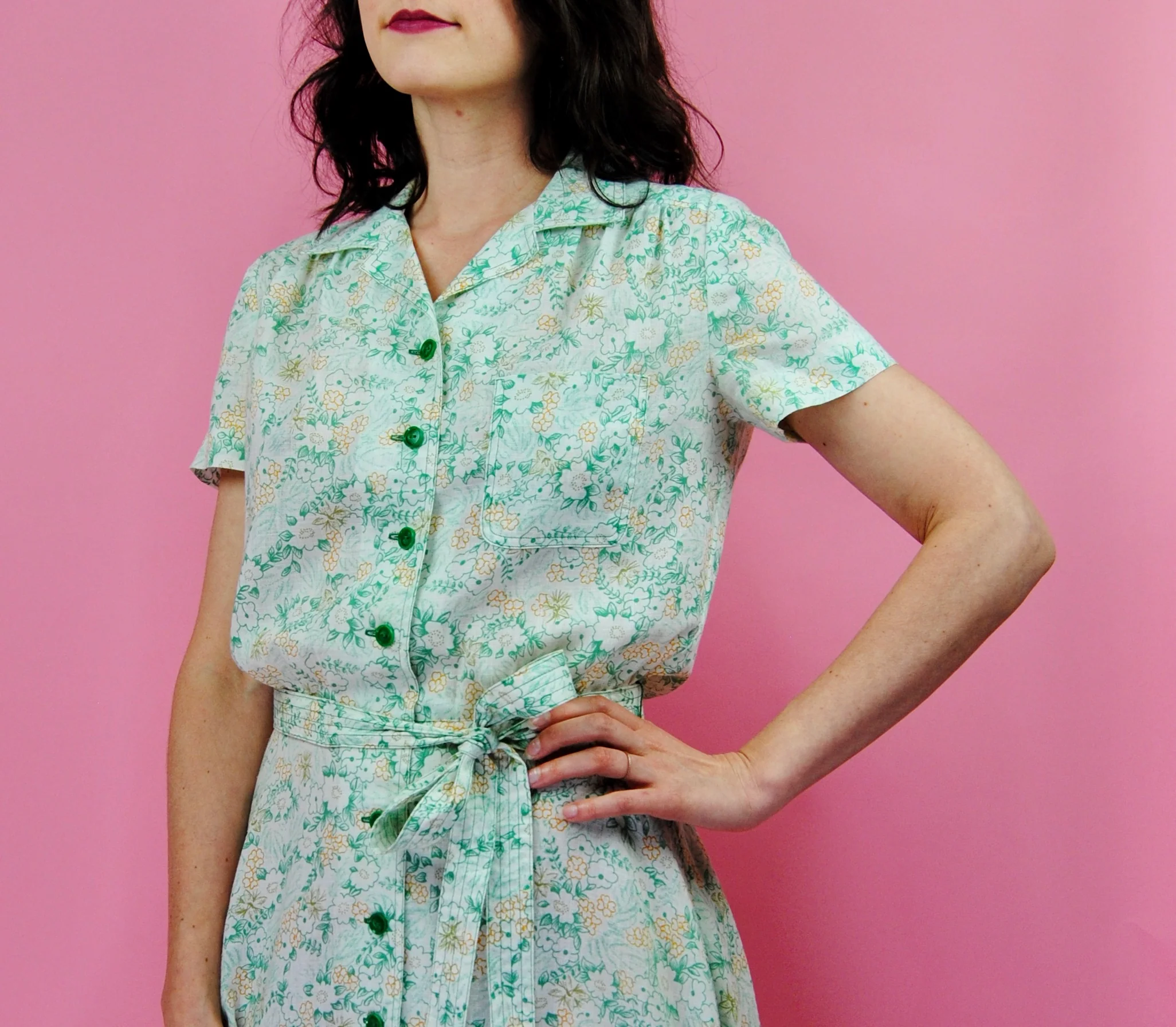 70s Cream Day Dress With Green Flowers - Image 4
