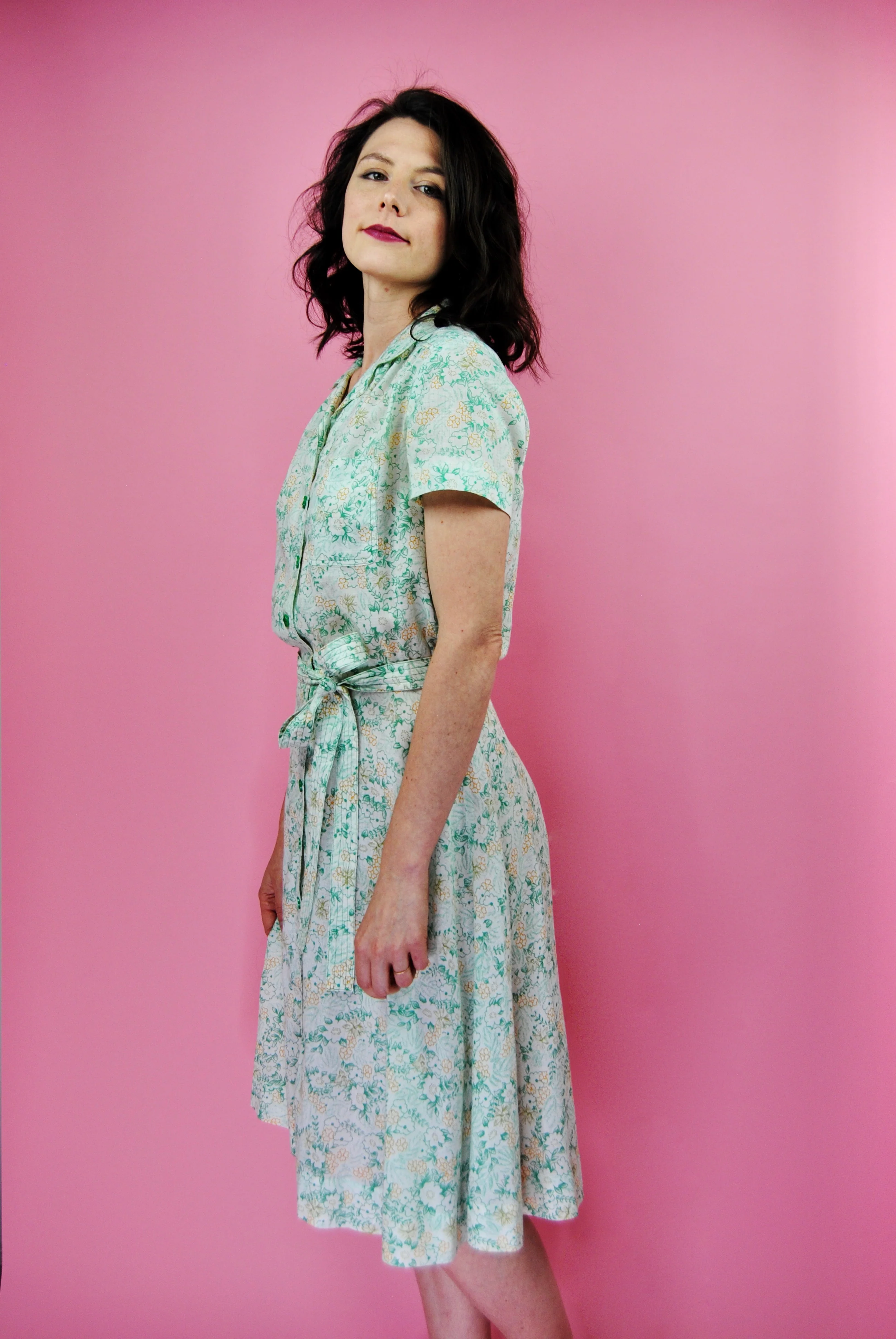 70s Cream Day Dress With Green Flowers - Image 5