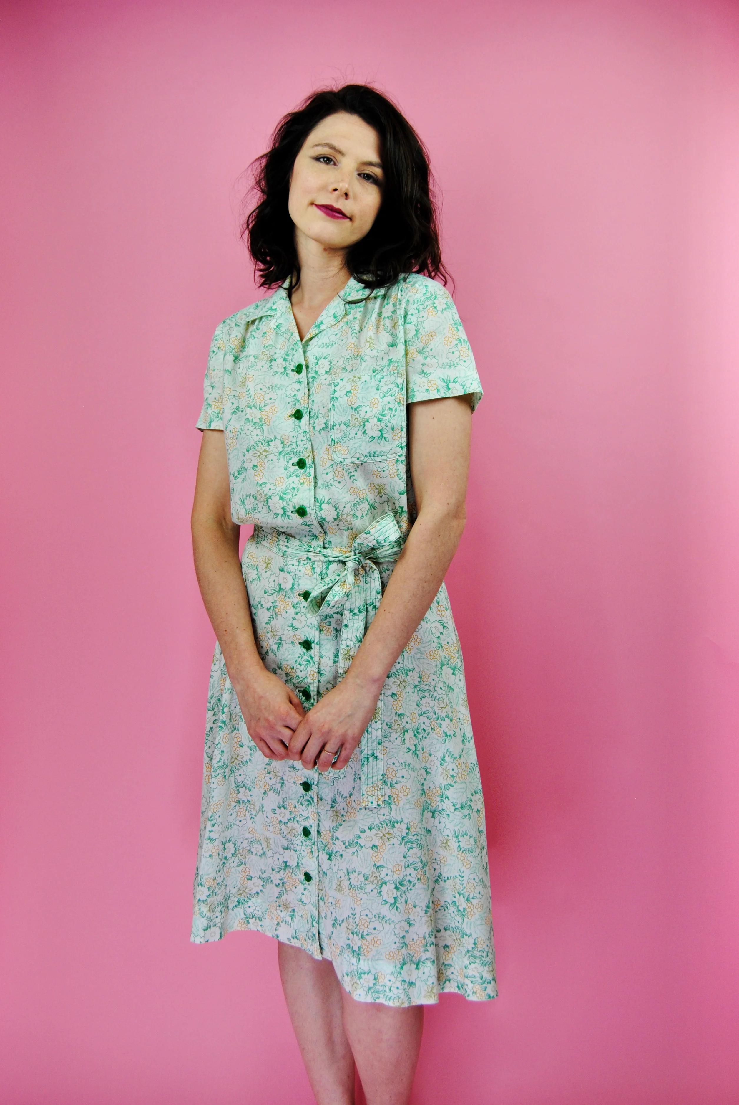 70s Cream Day Dress With Green Flowers - Image 6