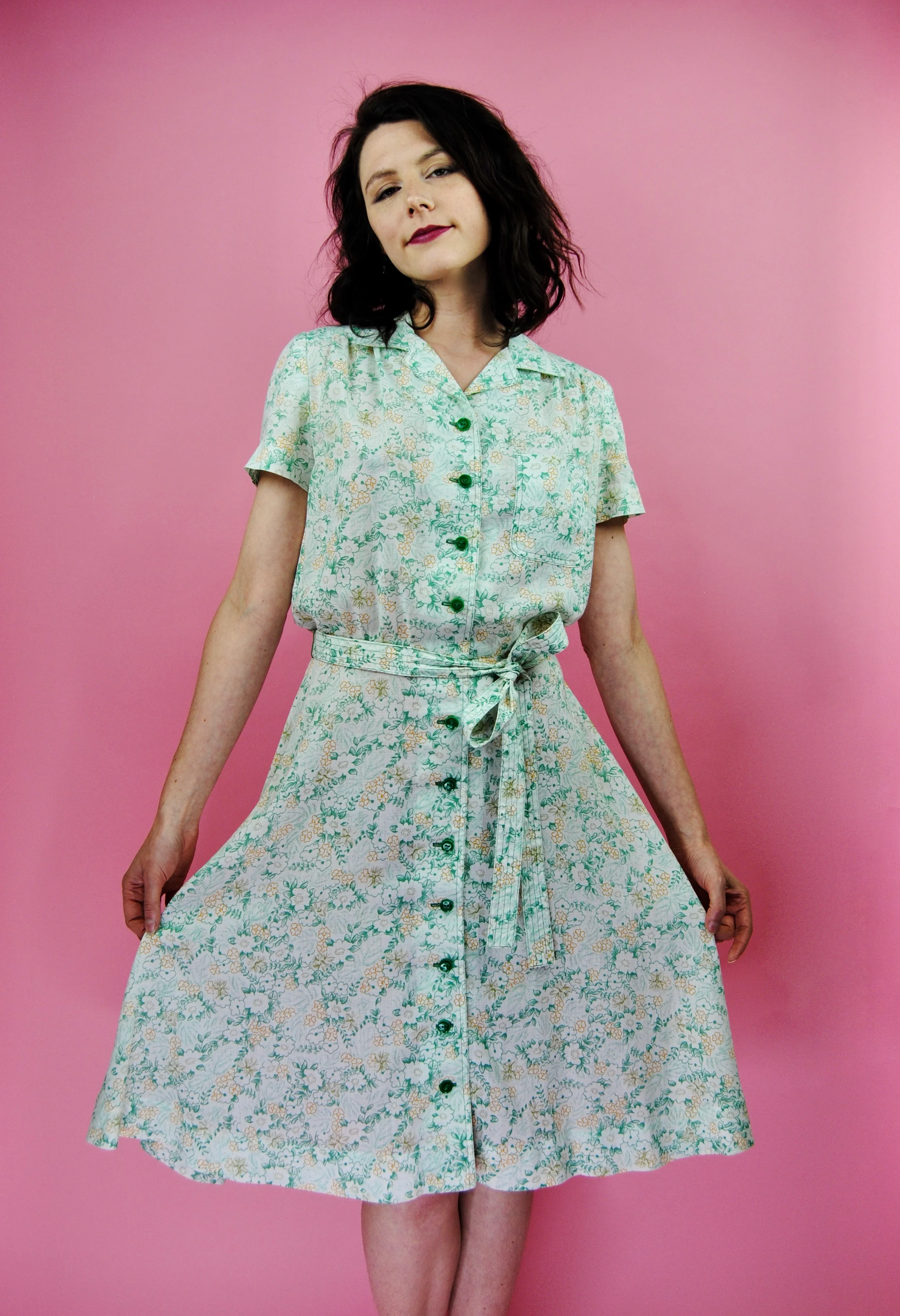 70s Cream Day Dress With Green Flowers - Image 7