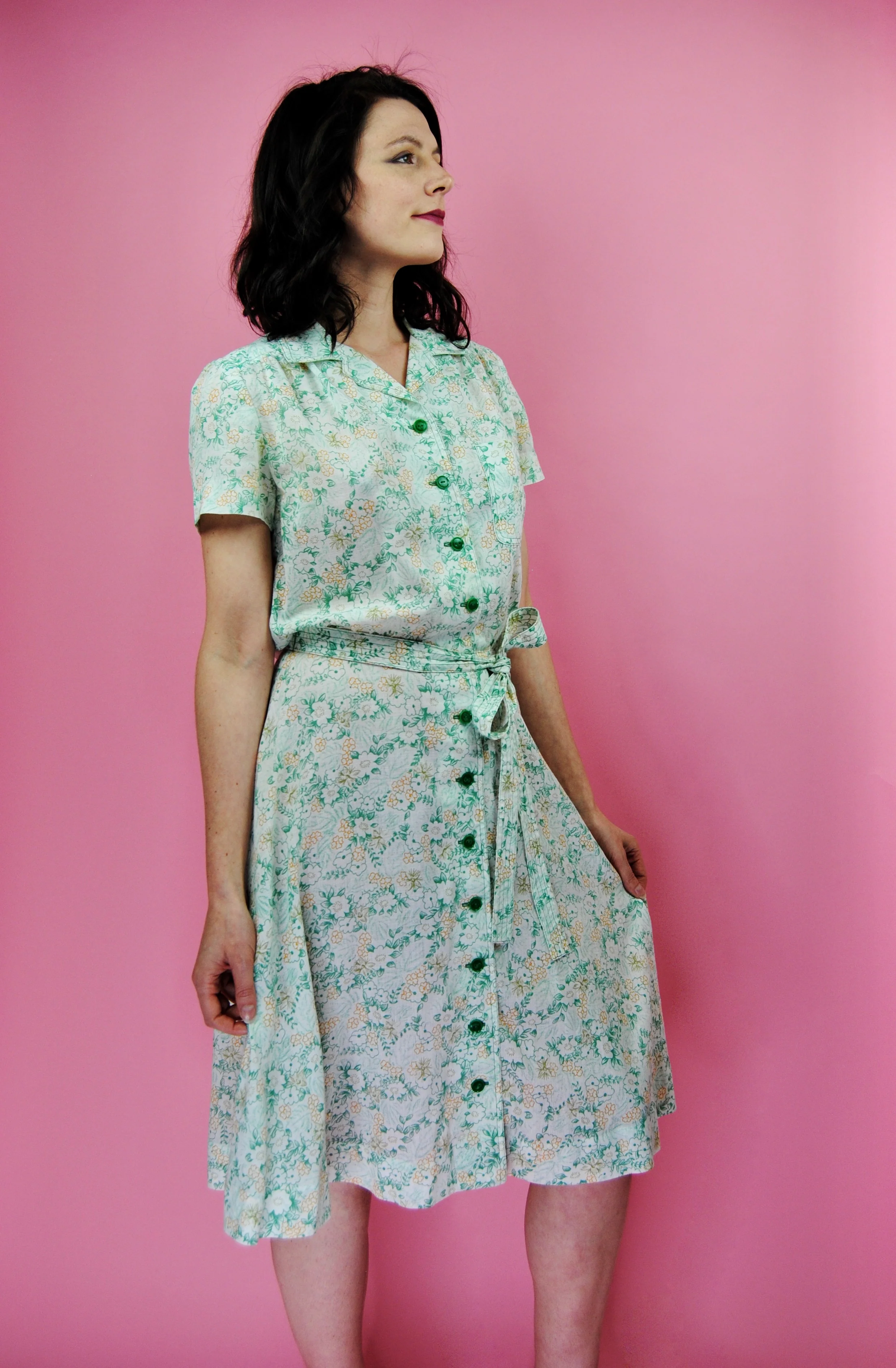 70s Cream Day Dress With Green Flowers - Image 8