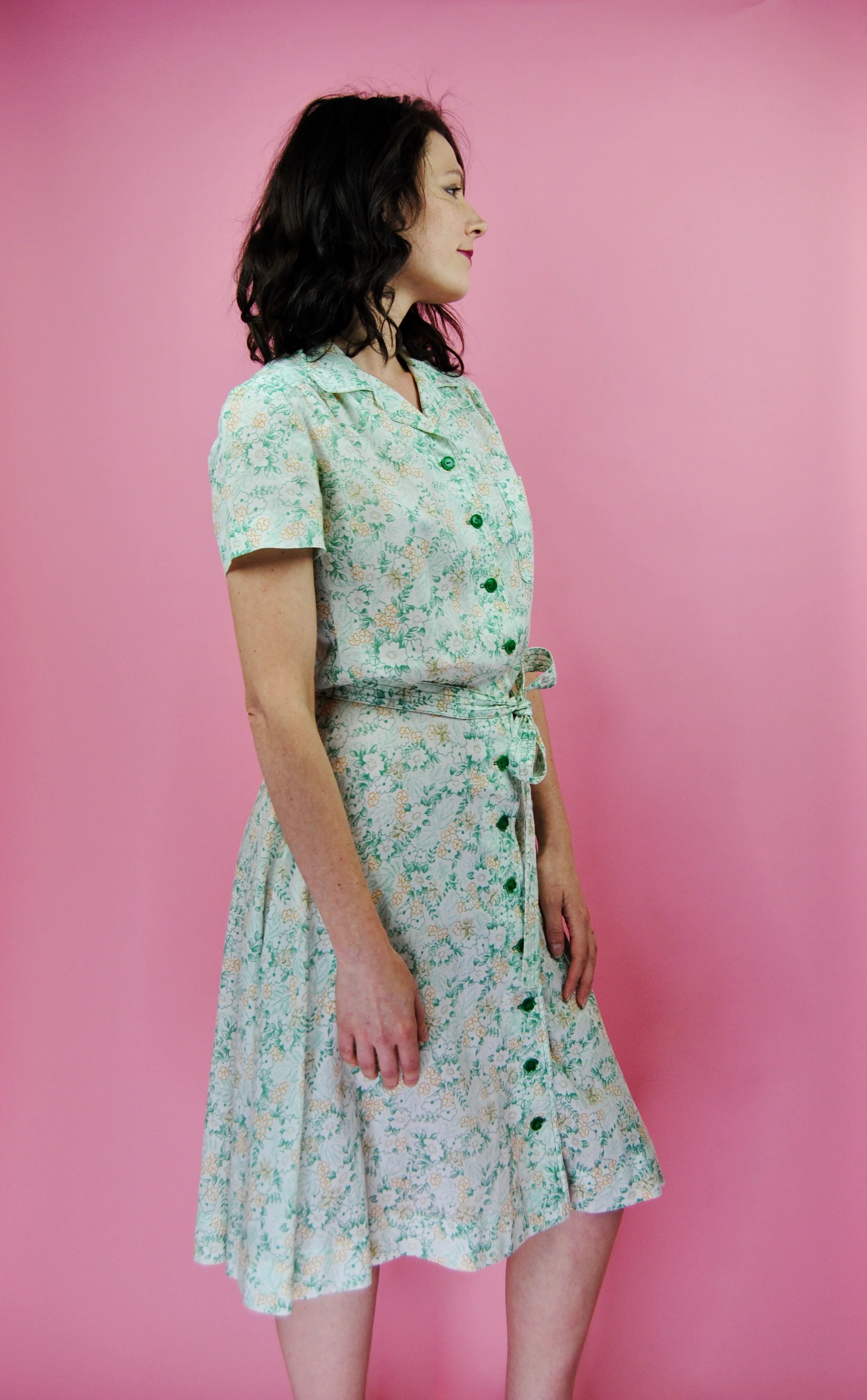 70s Cream Day Dress With Green Flowers - Image 9