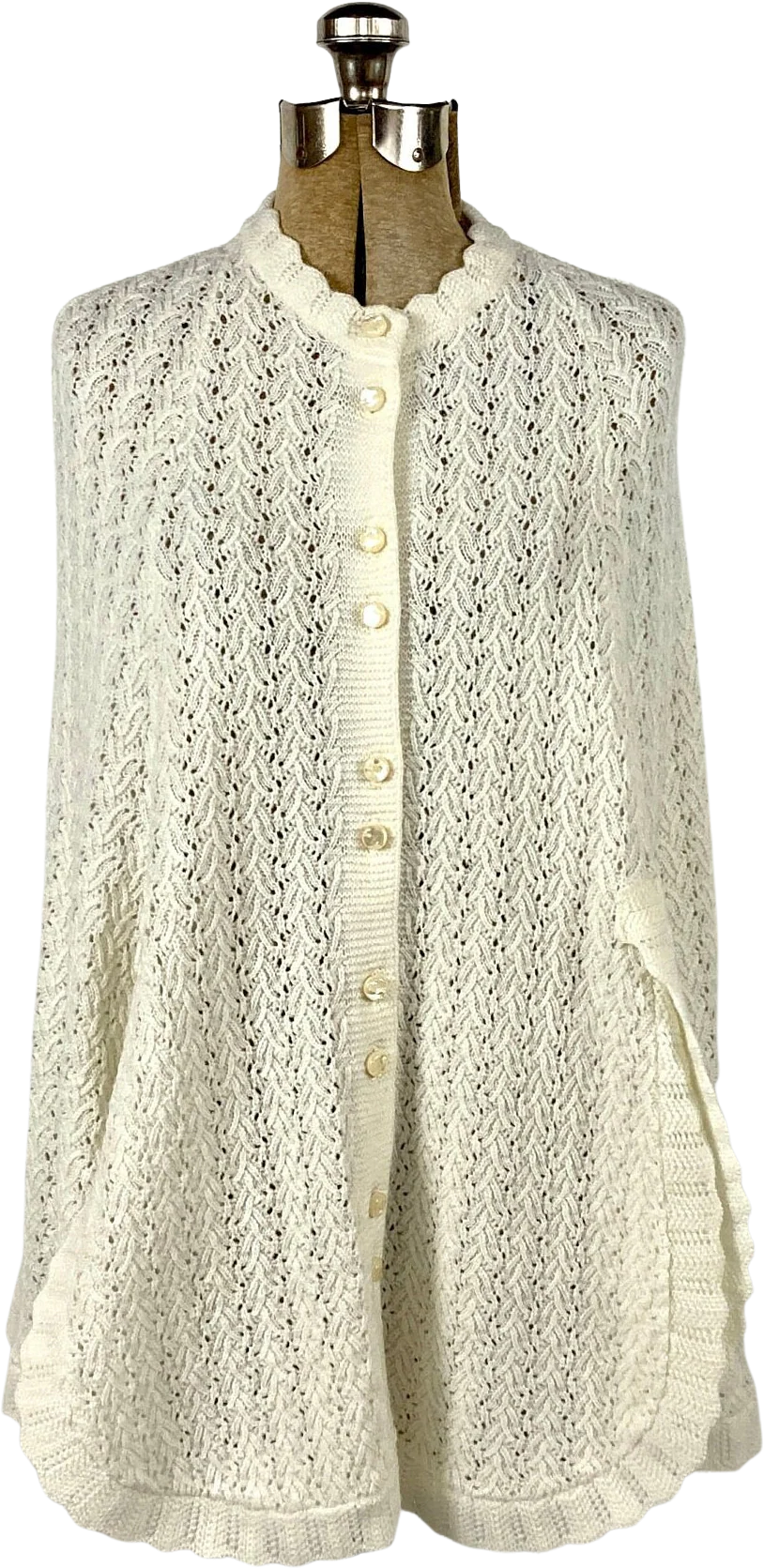 70s Cream Hand Knit Poncho Button Cape Blanket Poncho Vintage Knit Shawl Sweater Jacket