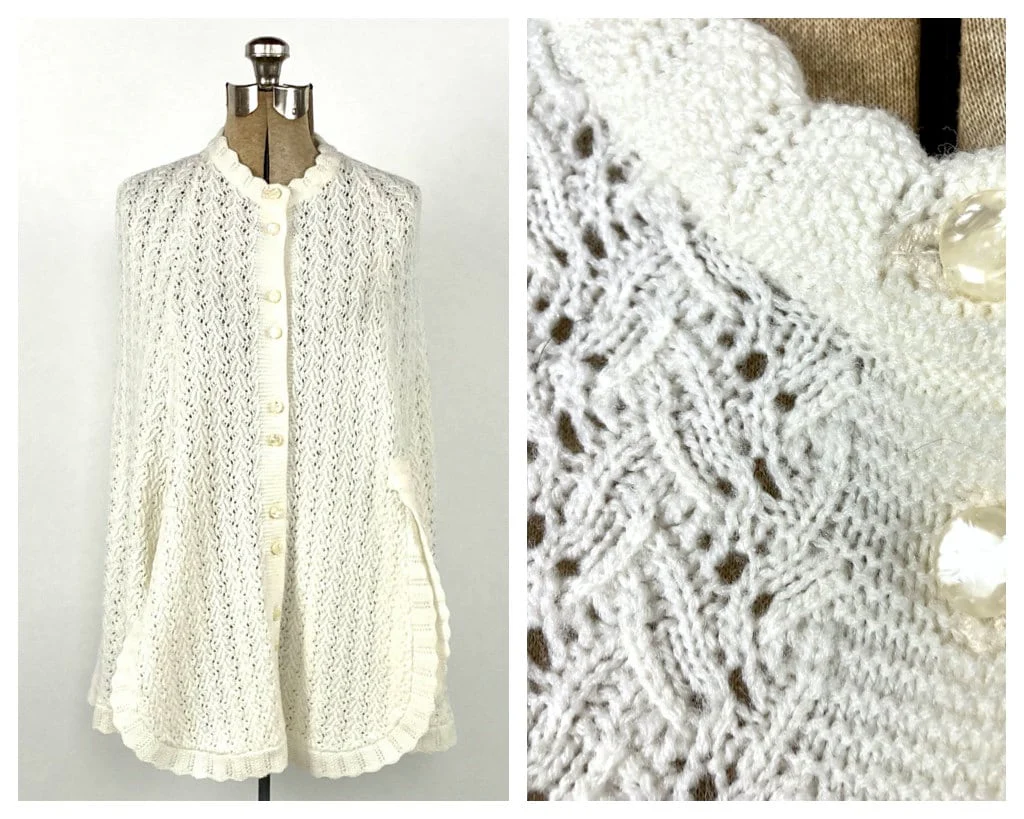 70s Cream Hand Knit Poncho Button Cape Blanket Poncho Vintage Knit Shawl Sweater Jacket - Image 3