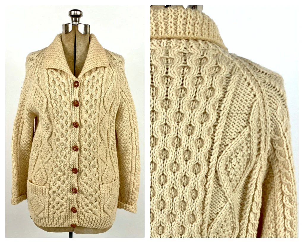 70s Cream Irish Cable Knit Chunky Wool Cardigan Shawl Sailor Collar Off White Sweater Ivory Long Cream Vintage Jacket - Image 3