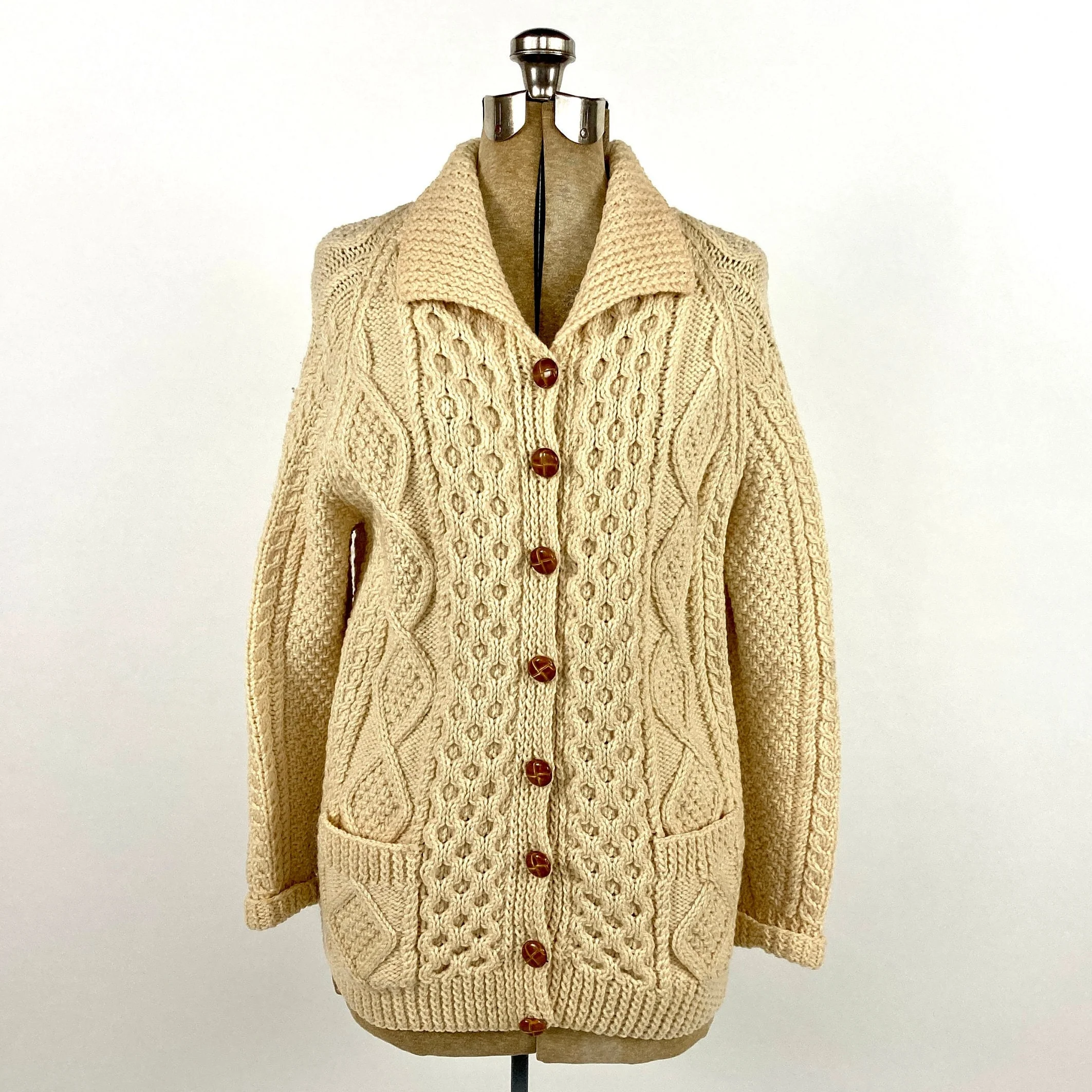 70s Cream Irish Cable Knit Chunky Wool Cardigan Shawl Sailor Collar Off White Sweater Ivory Long Cream Vintage Jacket - Image 4