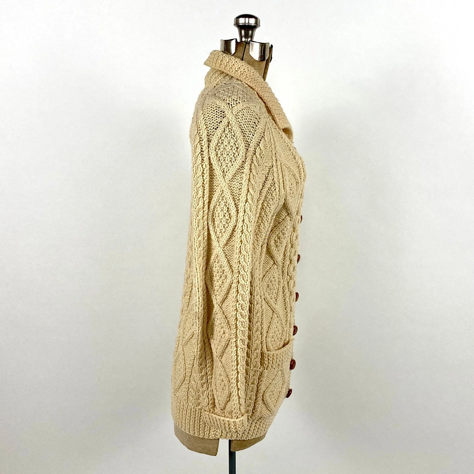 70s Cream Irish Cable Knit Chunky Wool Cardigan Shawl Sailor Collar Off White Sweater Ivory Long Cream Vintage Jacket - Image 5