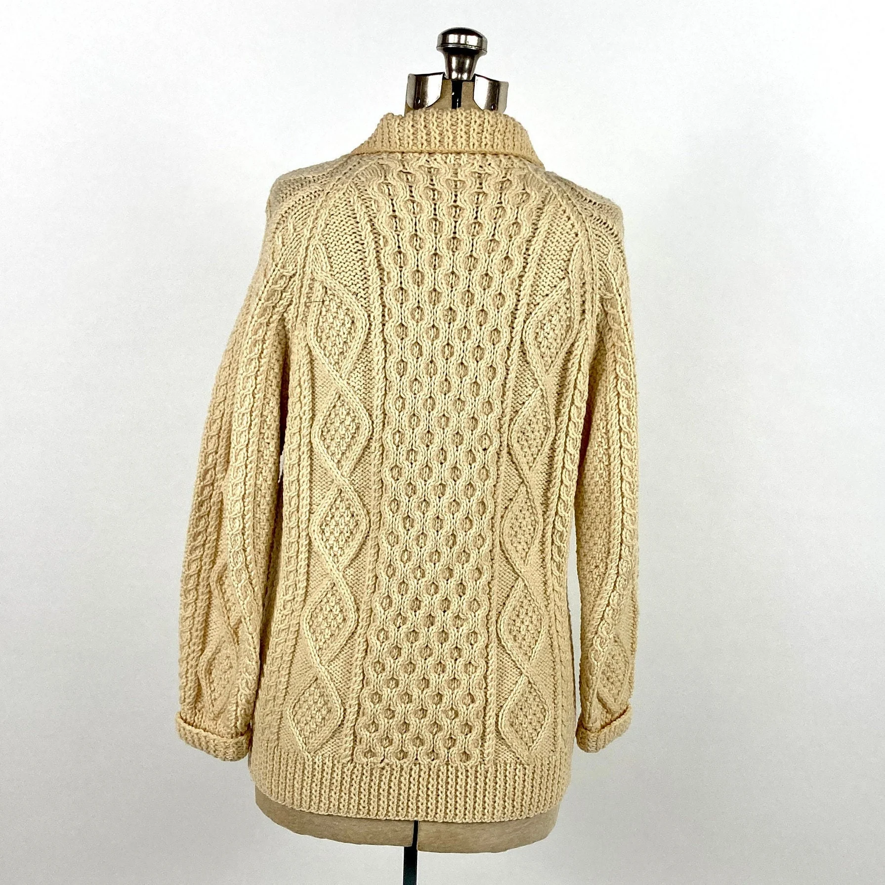 70s Cream Irish Cable Knit Chunky Wool Cardigan Shawl Sailor Collar Off White Sweater Ivory Long Cream Vintage Jacket - Image 6