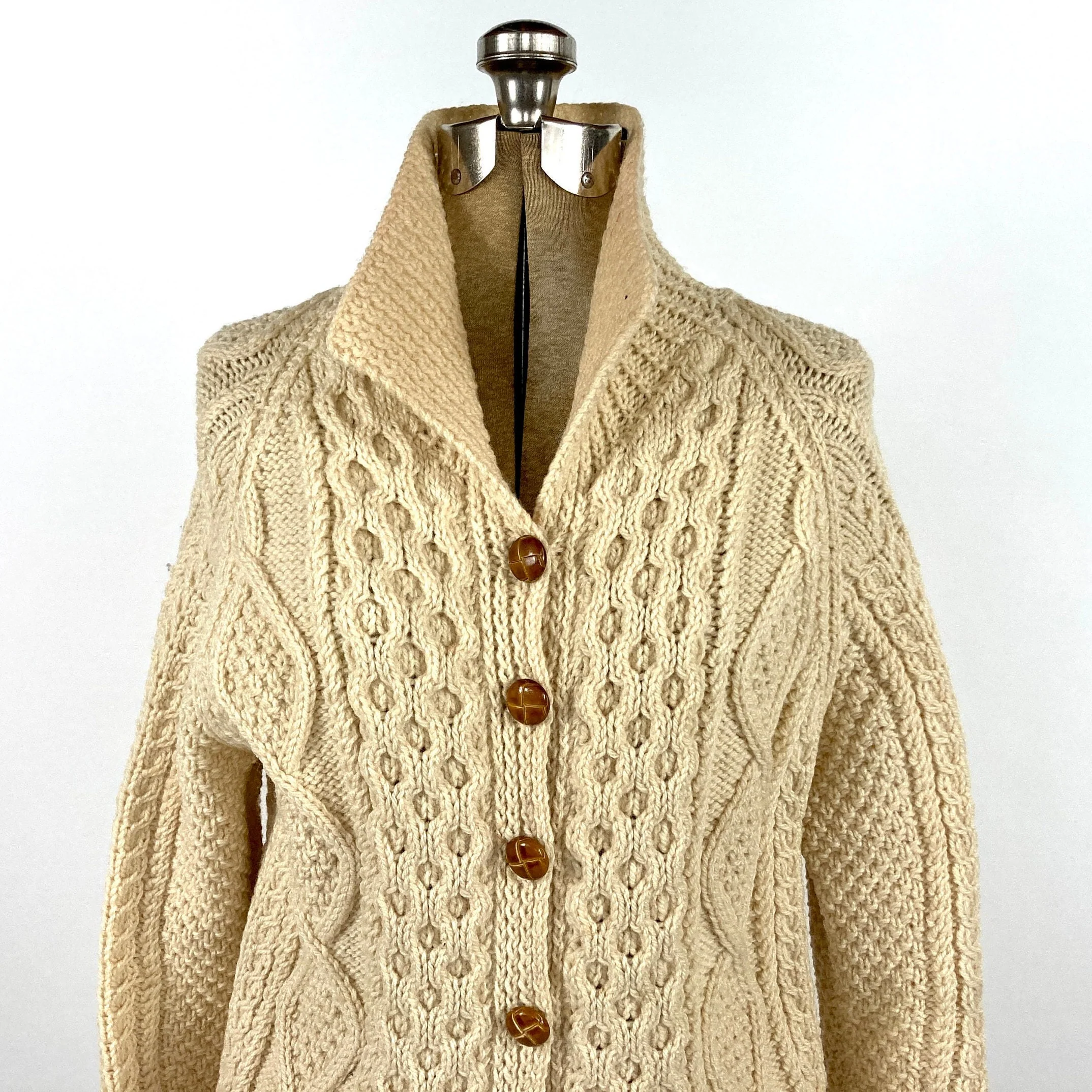 70s Cream Irish Cable Knit Chunky Wool Cardigan Shawl Sailor Collar Off White Sweater Ivory Long Cream Vintage Jacket - Image 7