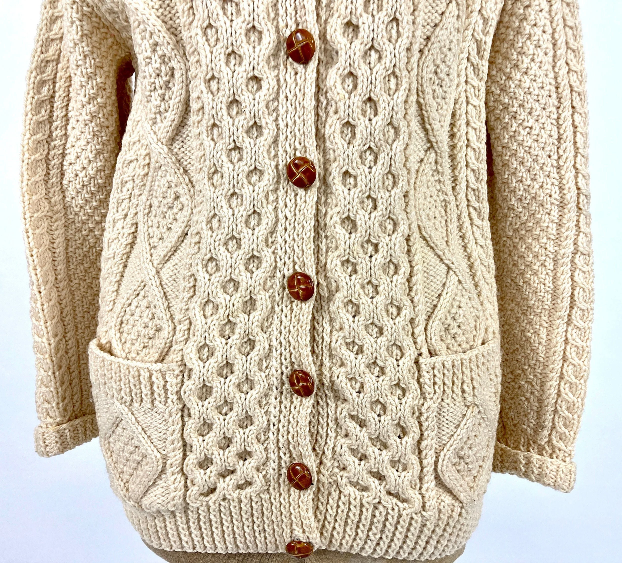 70s Cream Irish Cable Knit Chunky Wool Cardigan Shawl Sailor Collar Off White Sweater Ivory Long Cream Vintage Jacket - Image 8