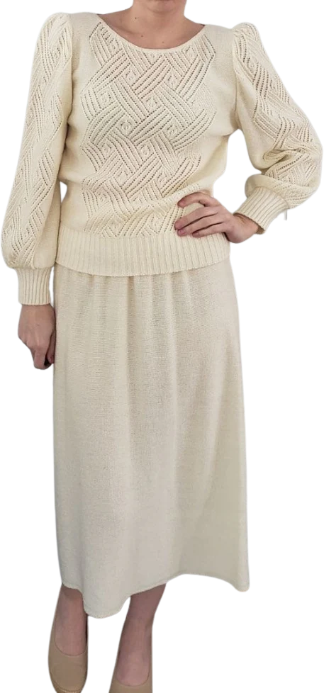 70s Cream Knit Skirt Set By Savion