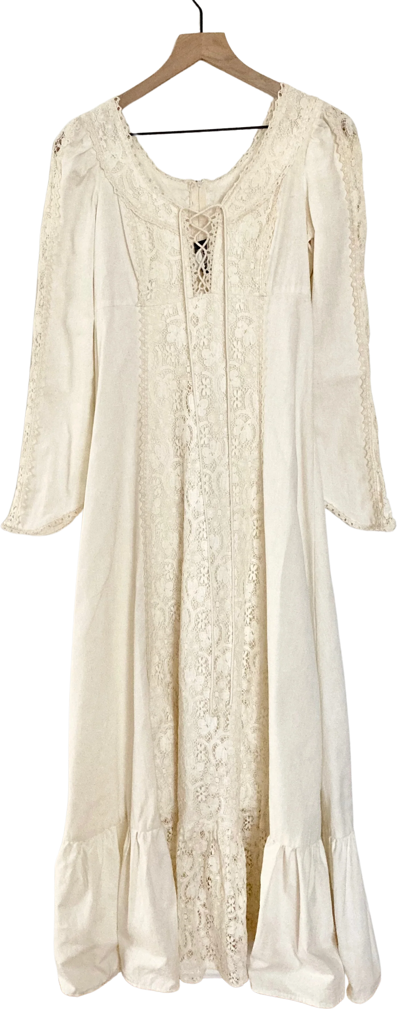 70s Cream Praire Lace Up Crochet Lace And Cotton Dress By Gunne Sax