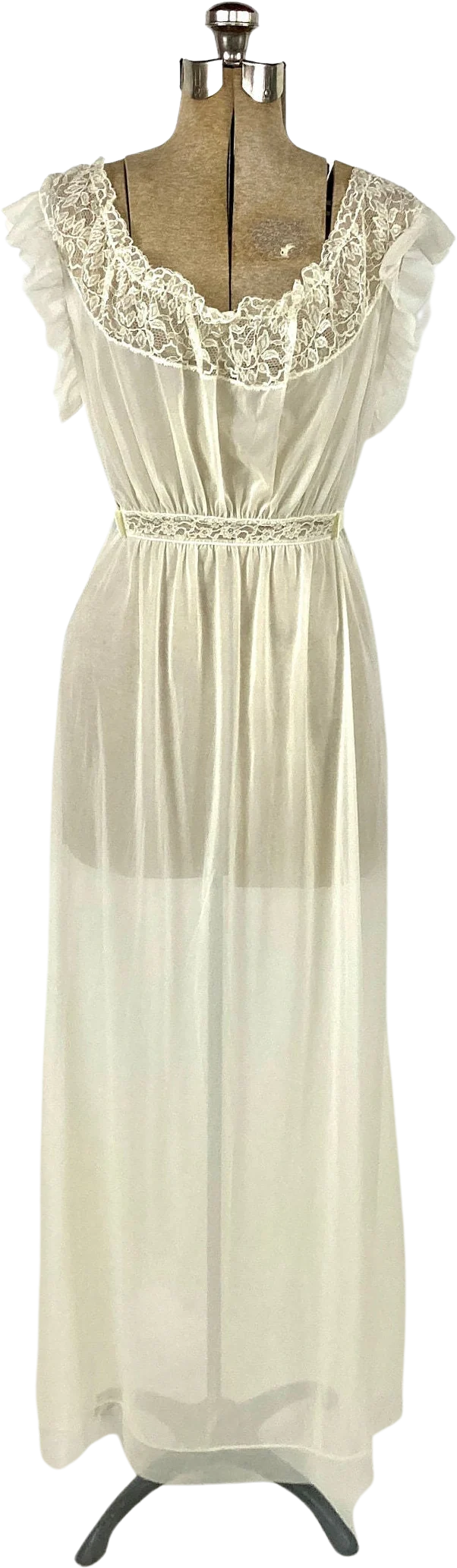 70s Cream Sheer Lace Lingerie Slip Dress Sexy Ruched Grecian Goddess Gown Nightgown Flutter Sleeve Party Vintage Sundress Sun Dress by Kayser