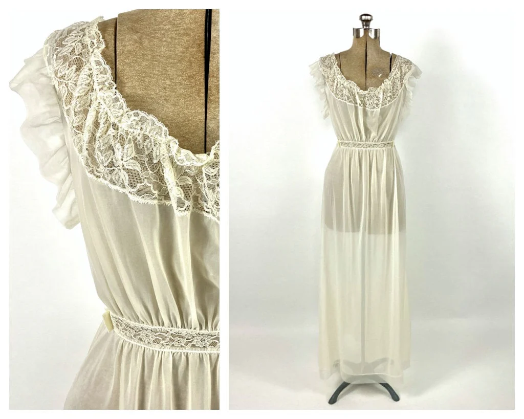 70s Cream Sheer Lace Lingerie Slip Dress Sexy Ruched Grecian Goddess Gown Nightgown Flutter Sleeve Party Vintage Sundress Sun Dress by Kayser - Image 2