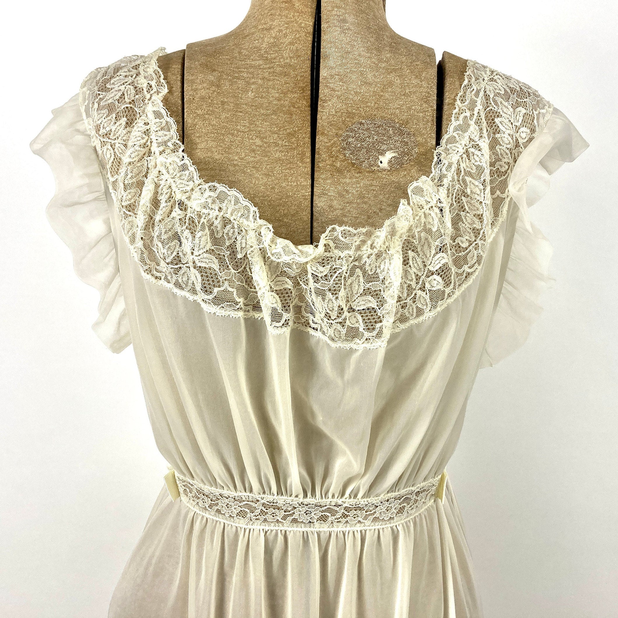70s Cream Sheer Lace Lingerie Slip Dress Sexy Ruched Grecian Goddess Gown Nightgown Flutter Sleeve Party Vintage Sundress Sun Dress by Kayser - Image 3
