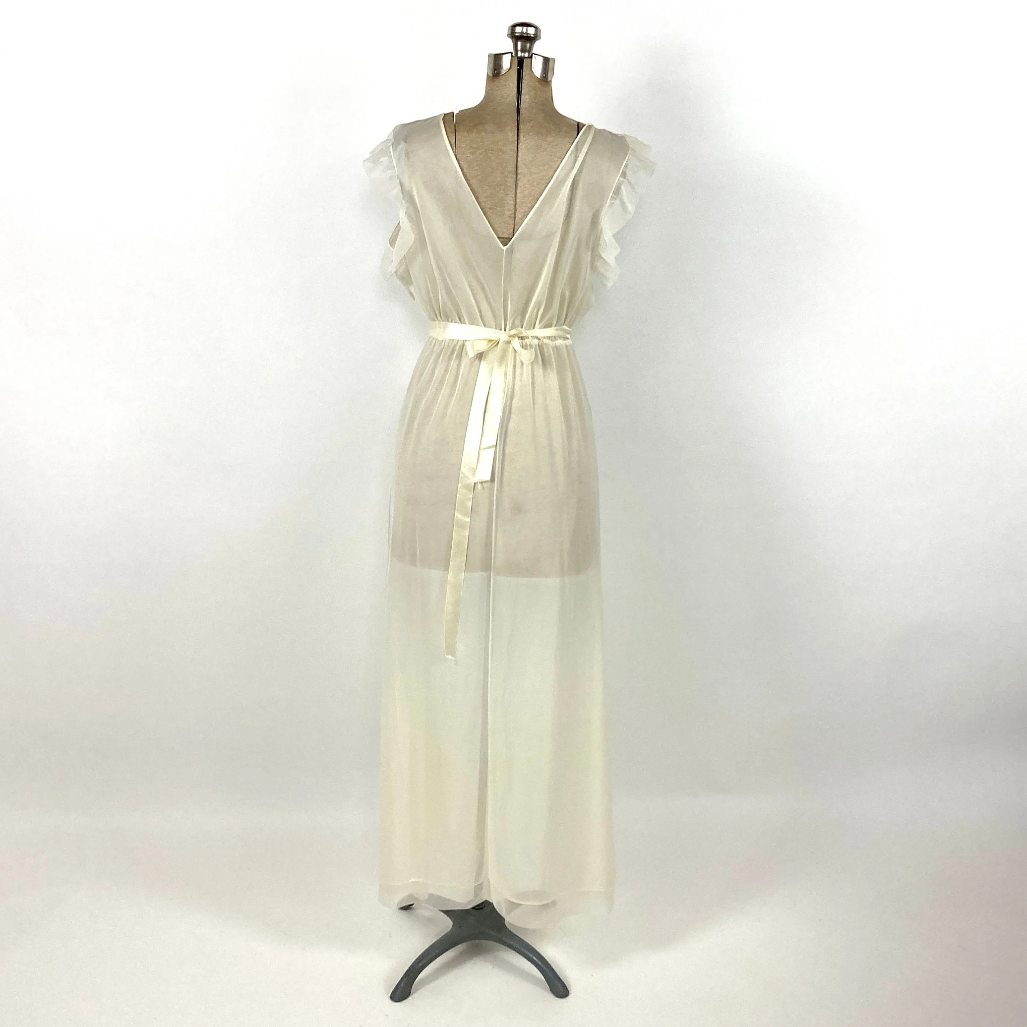 70s Cream Sheer Lace Lingerie Slip Dress Sexy Ruched Grecian Goddess Gown Nightgown Flutter Sleeve Party Vintage Sundress Sun Dress by Kayser - Image 4
