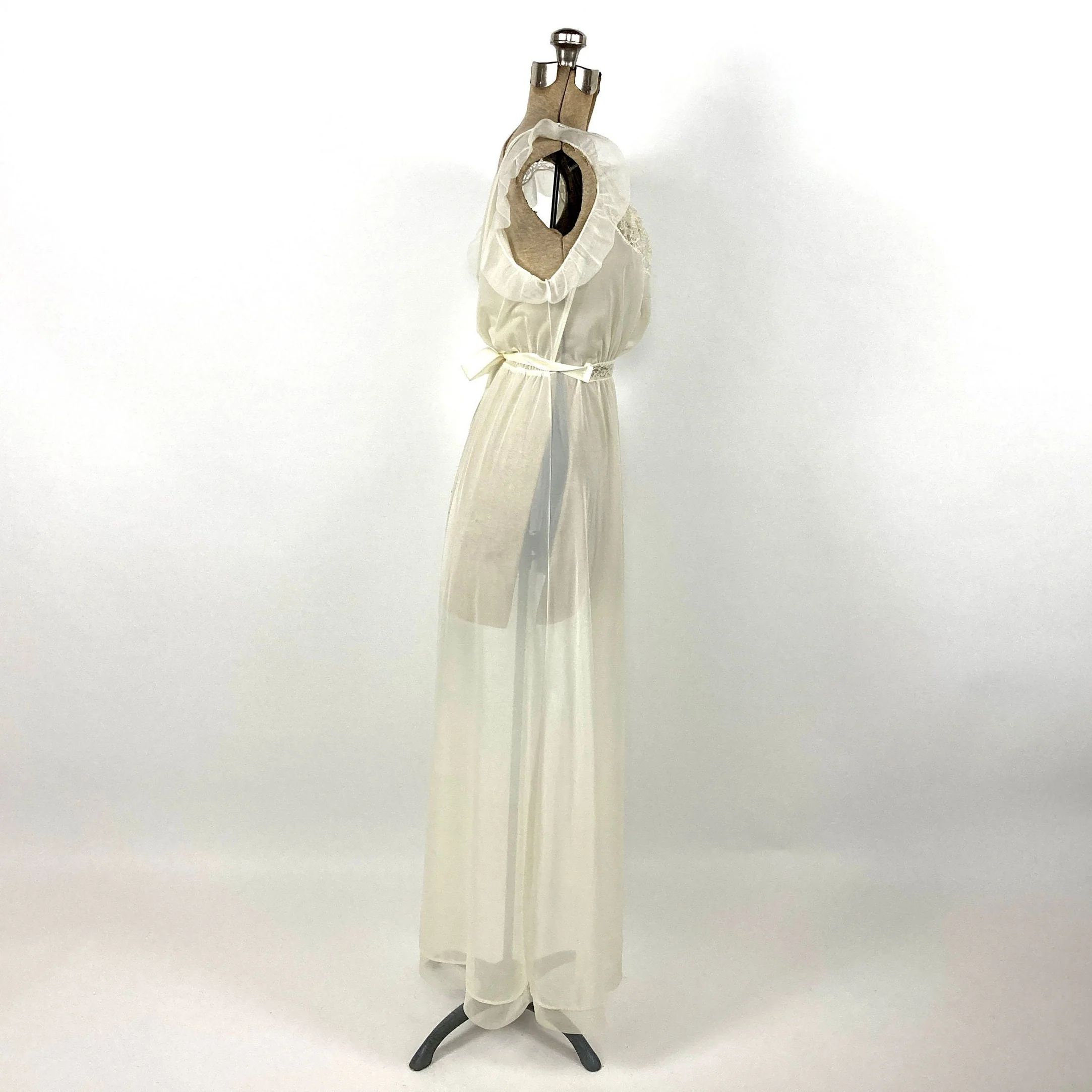 70s Cream Sheer Lace Lingerie Slip Dress Sexy Ruched Grecian Goddess Gown Nightgown Flutter Sleeve Party Vintage Sundress Sun Dress by Kayser - Image 5