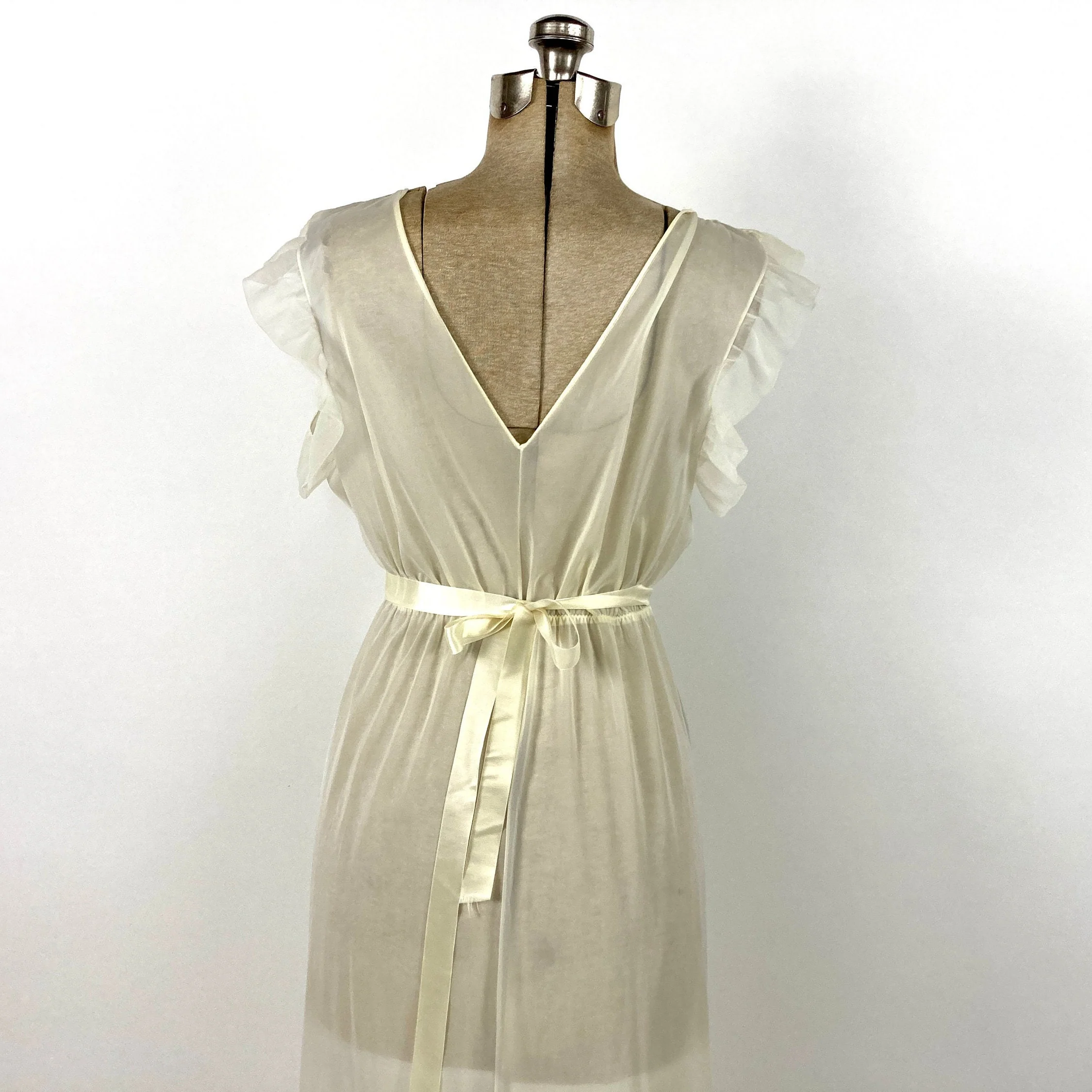 70s Cream Sheer Lace Lingerie Slip Dress Sexy Ruched Grecian Goddess Gown Nightgown Flutter Sleeve Party Vintage Sundress Sun Dress by Kayser - Image 6