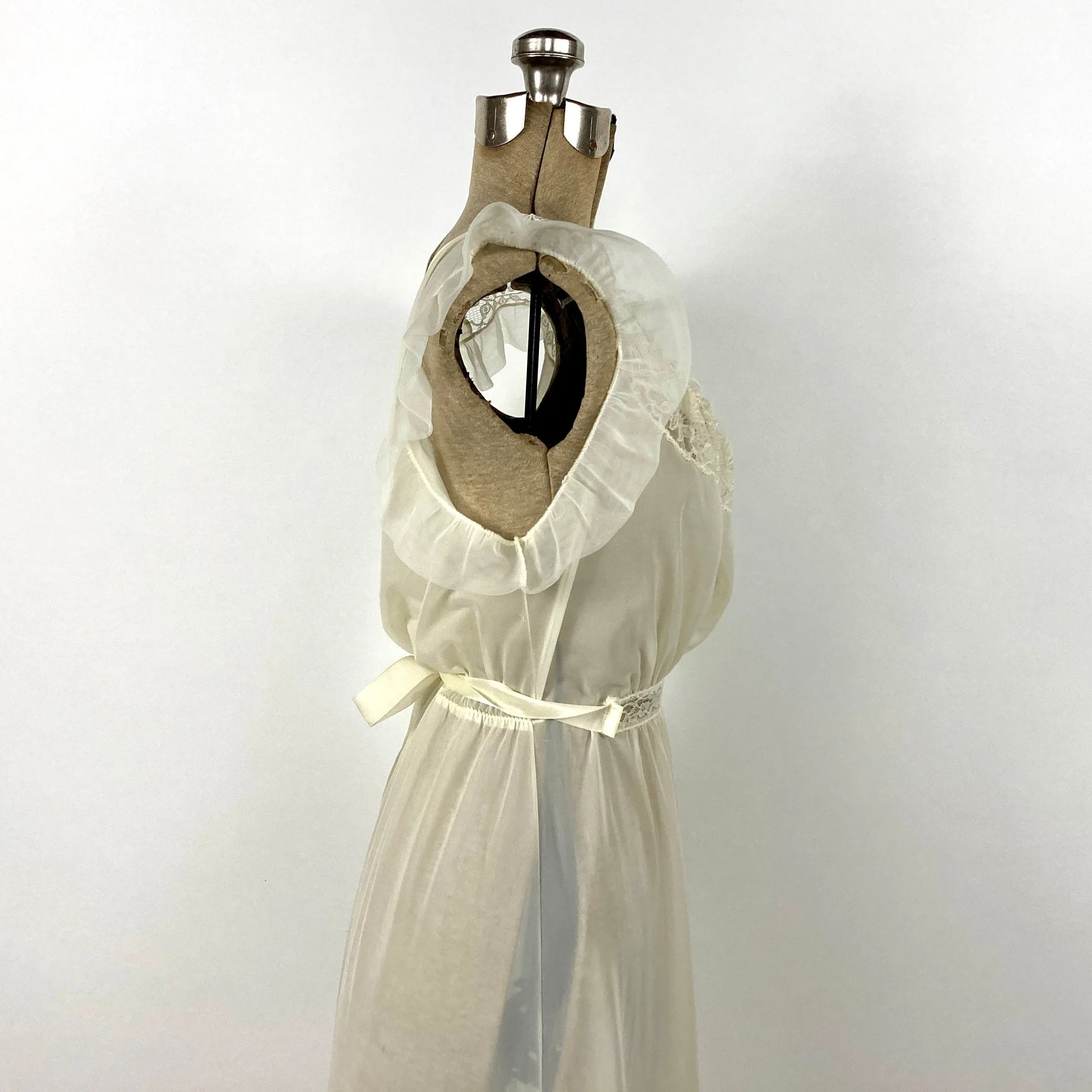 70s Cream Sheer Lace Lingerie Slip Dress Sexy Ruched Grecian Goddess Gown Nightgown Flutter Sleeve Party Vintage Sundress Sun Dress by Kayser - Image 7