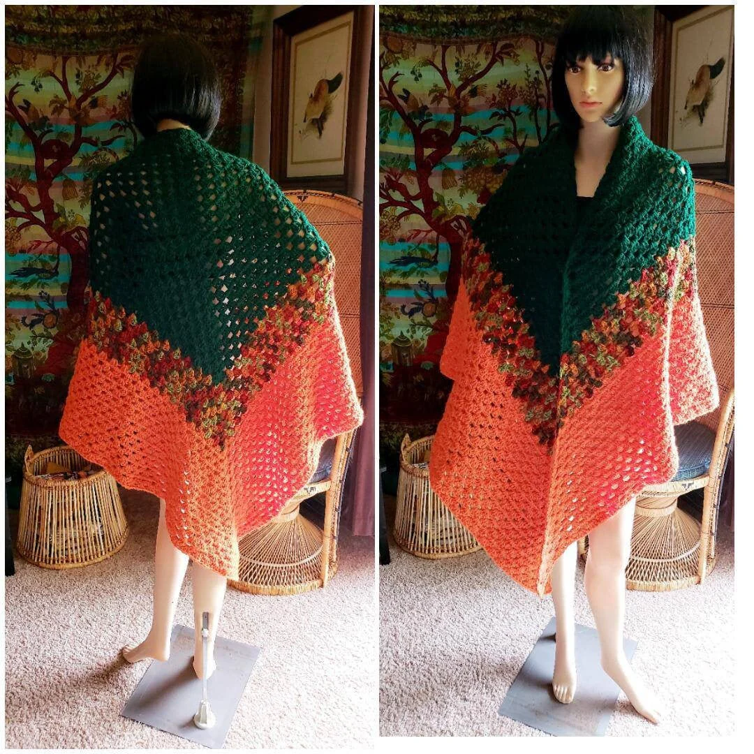 70s Crochet Shawl In Green and Orange Free Size - Image 4