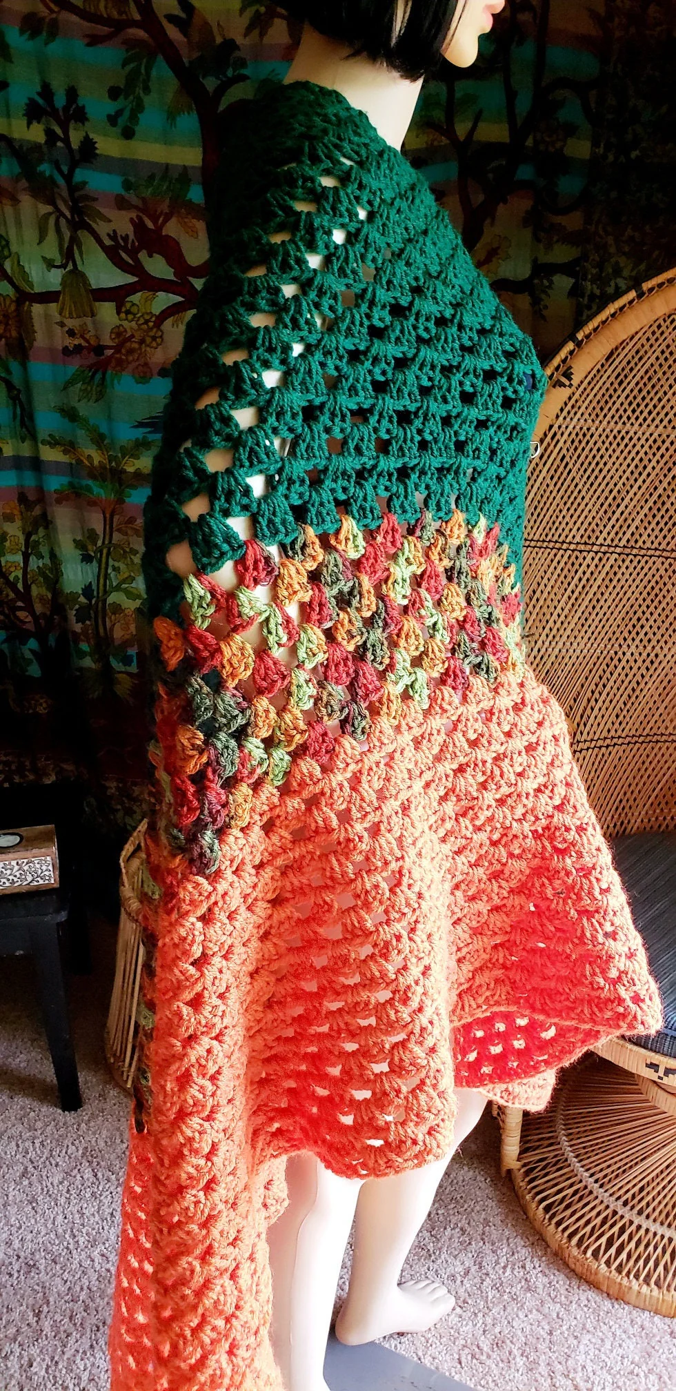 70s Crochet Shawl In Green and Orange Free Size - Image 6