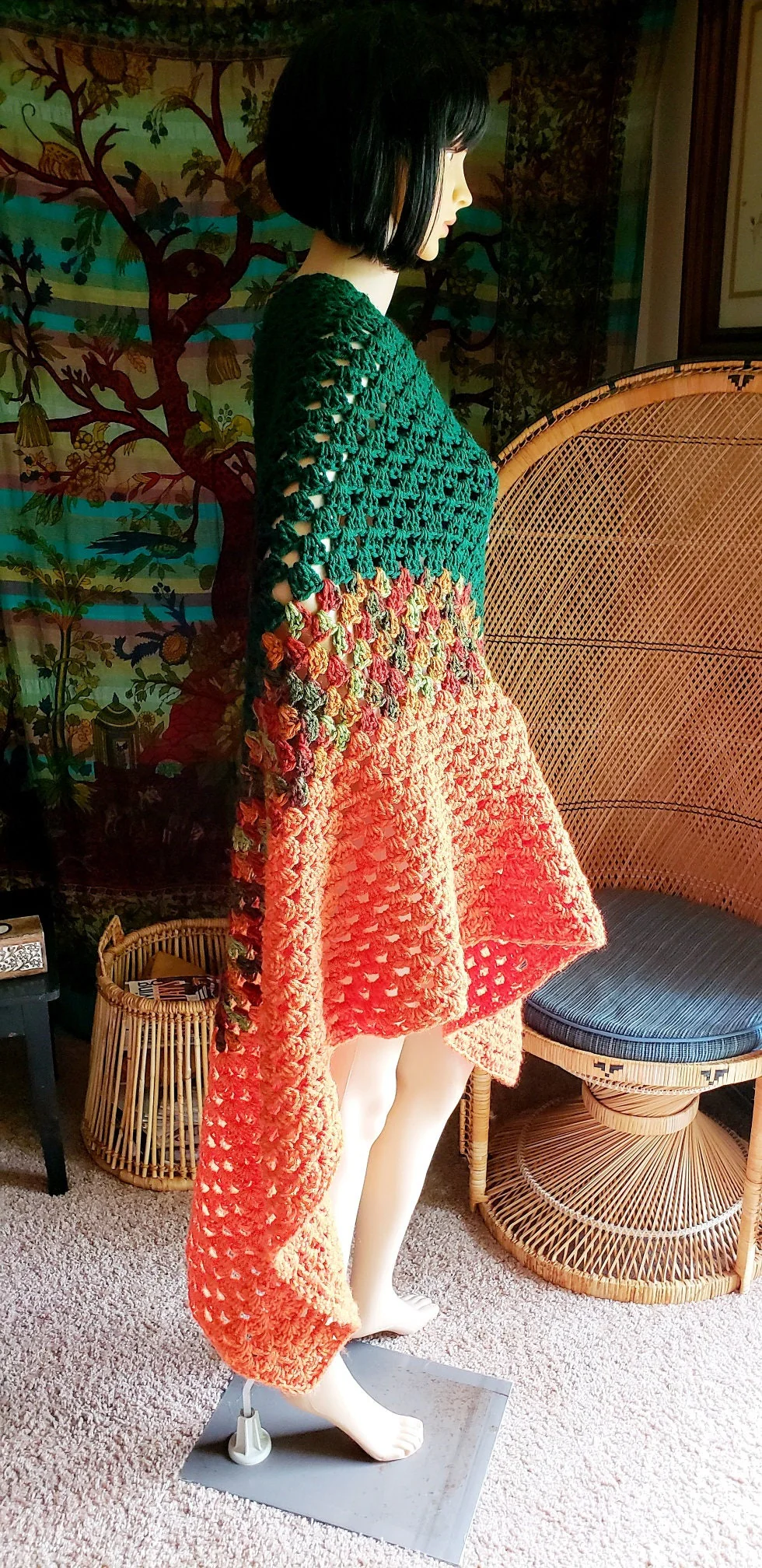 70s Crochet Shawl In Green and Orange Free Size - Image 7