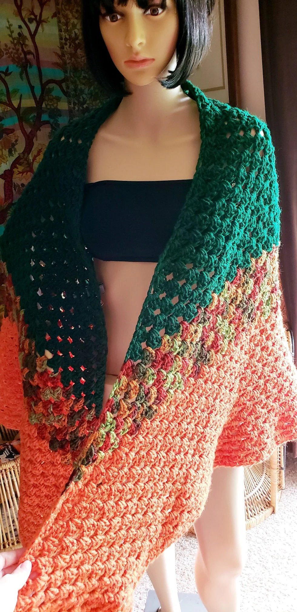 70s Crochet Shawl In Green and Orange Free Size - Image 8