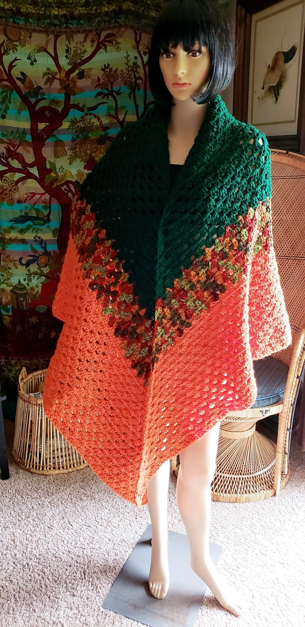 70s Crochet Shawl In Green and Orange Free Size - Image 9