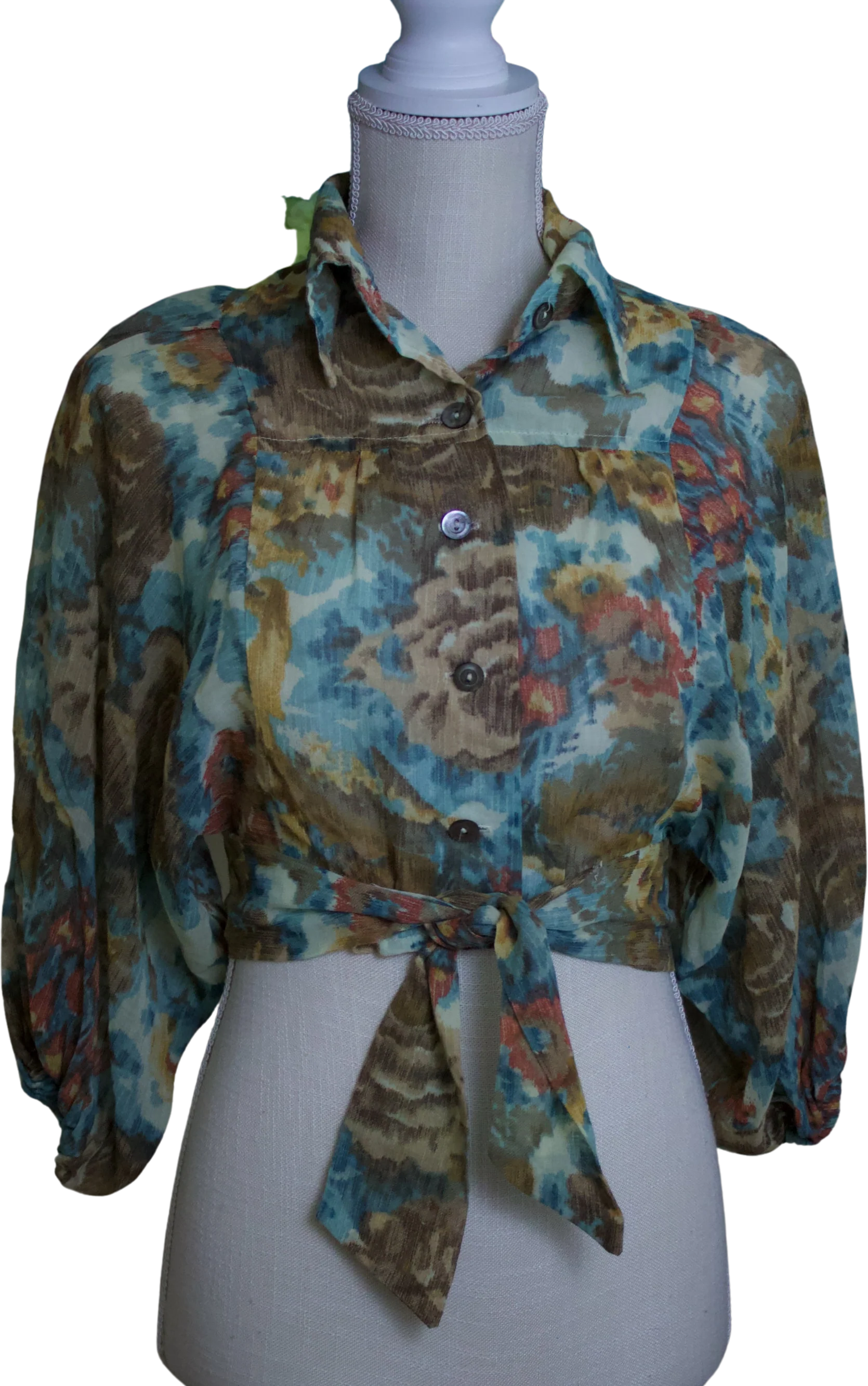 70s Crop Top with Tie In Multicolor Watercolor Floral Pattern In Blues Browns Teds and Yellow by Byer