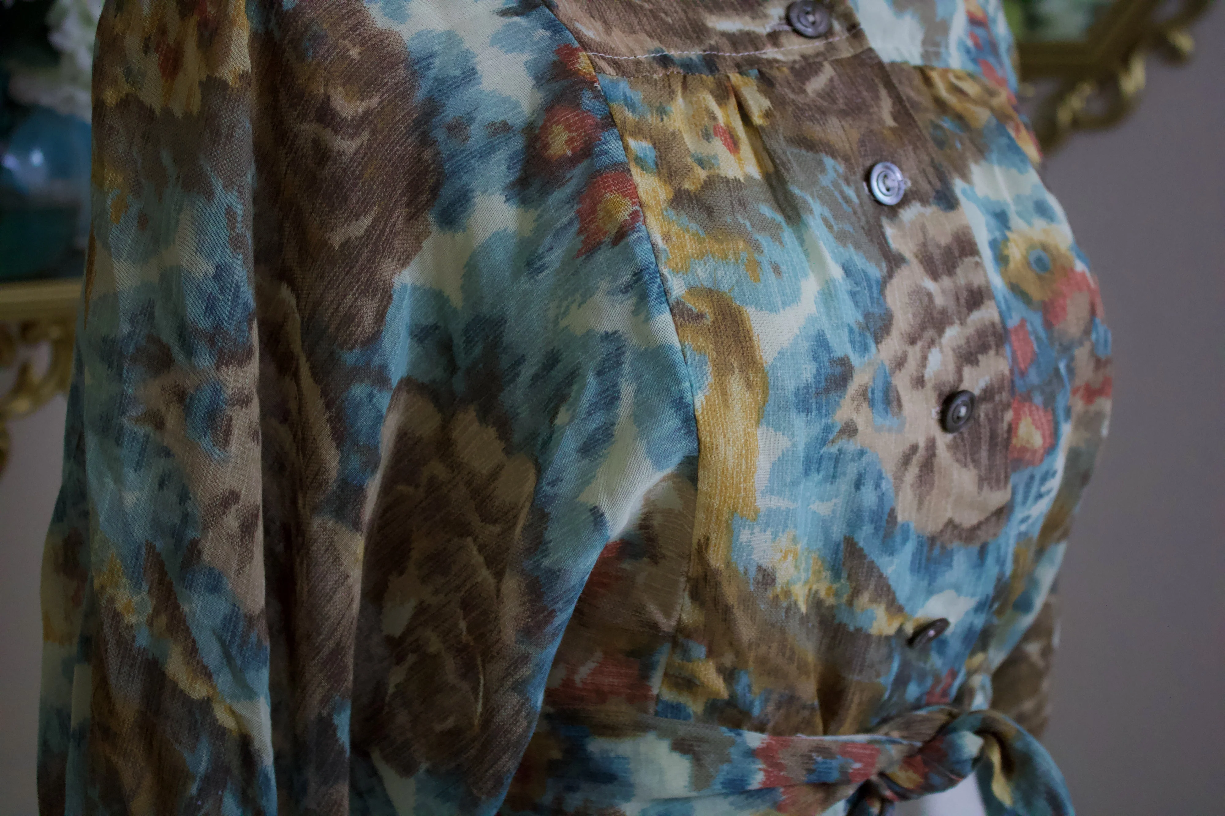 70s Crop Top with Tie In Multicolor Watercolor Floral Pattern In Blues Browns Teds and Yellow by Byer - Image 2