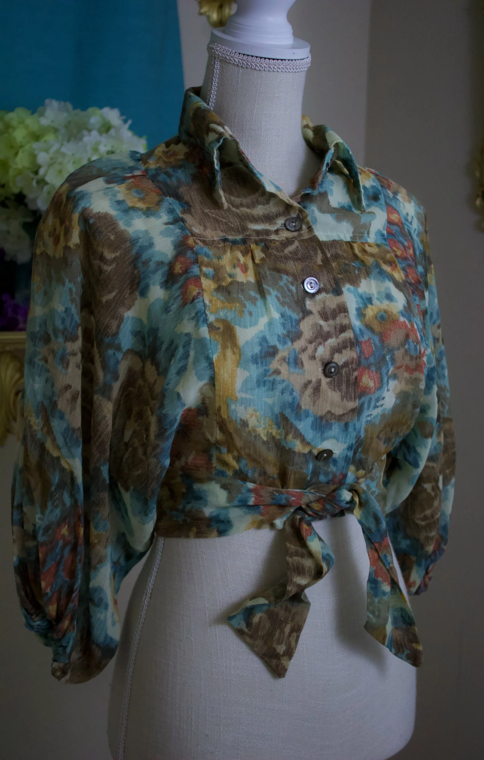 70s Crop Top with Tie In Multicolor Watercolor Floral Pattern In Blues Browns Teds and Yellow by Byer - Image 3