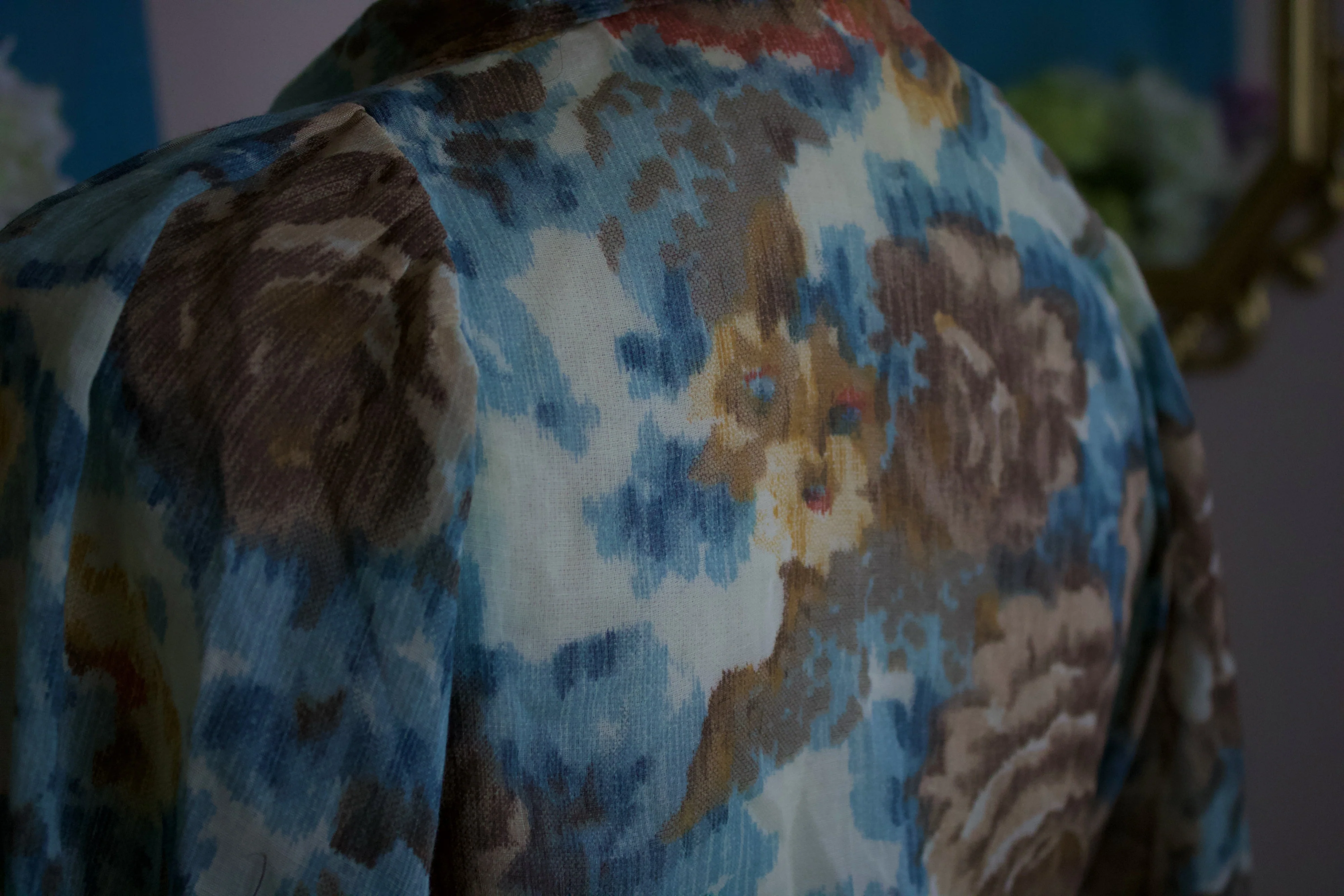 70s Crop Top with Tie In Multicolor Watercolor Floral Pattern In Blues Browns Teds and Yellow by Byer - Image 4